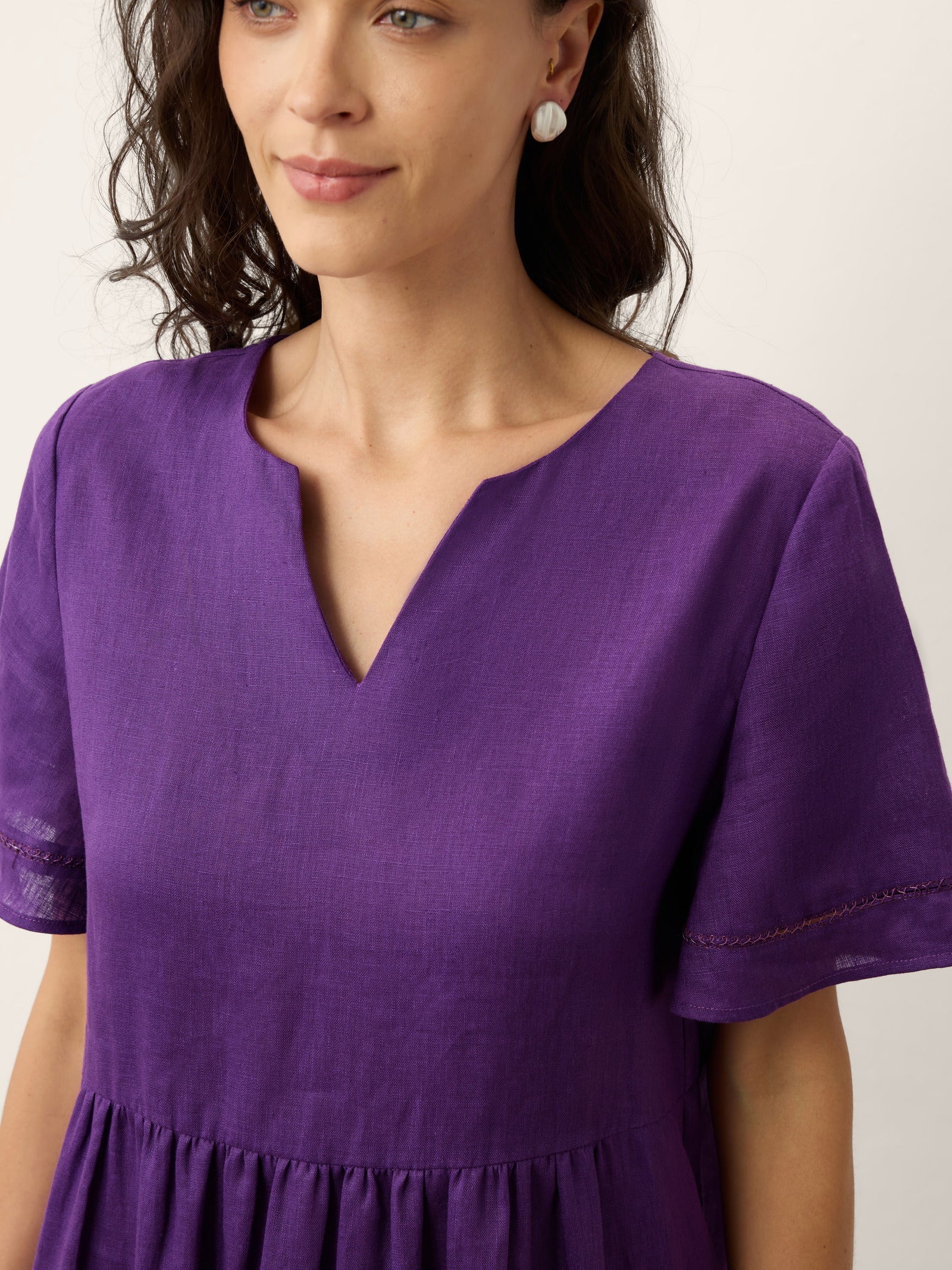 100% Linen Embroidered Cuff Split Neck Midi Dress OCTAVIA DestGlow