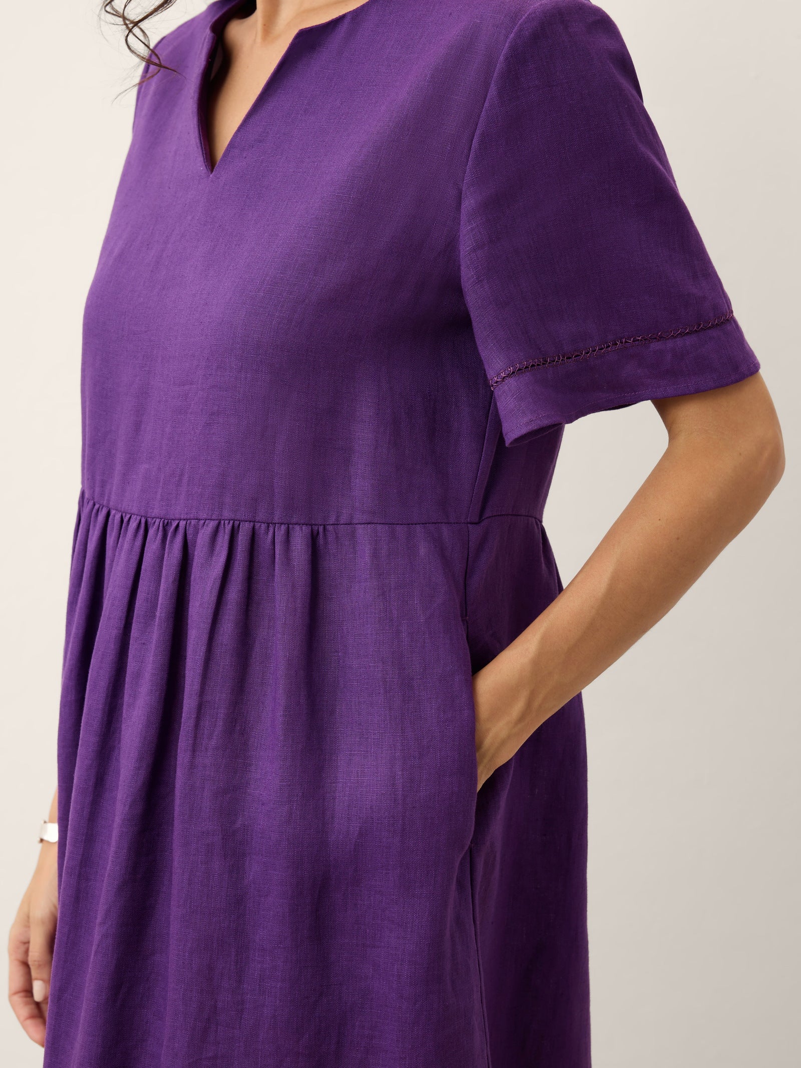 100% Linen Embroidered Cuff Split Neck Midi Dress OCTAVIA DestGlow