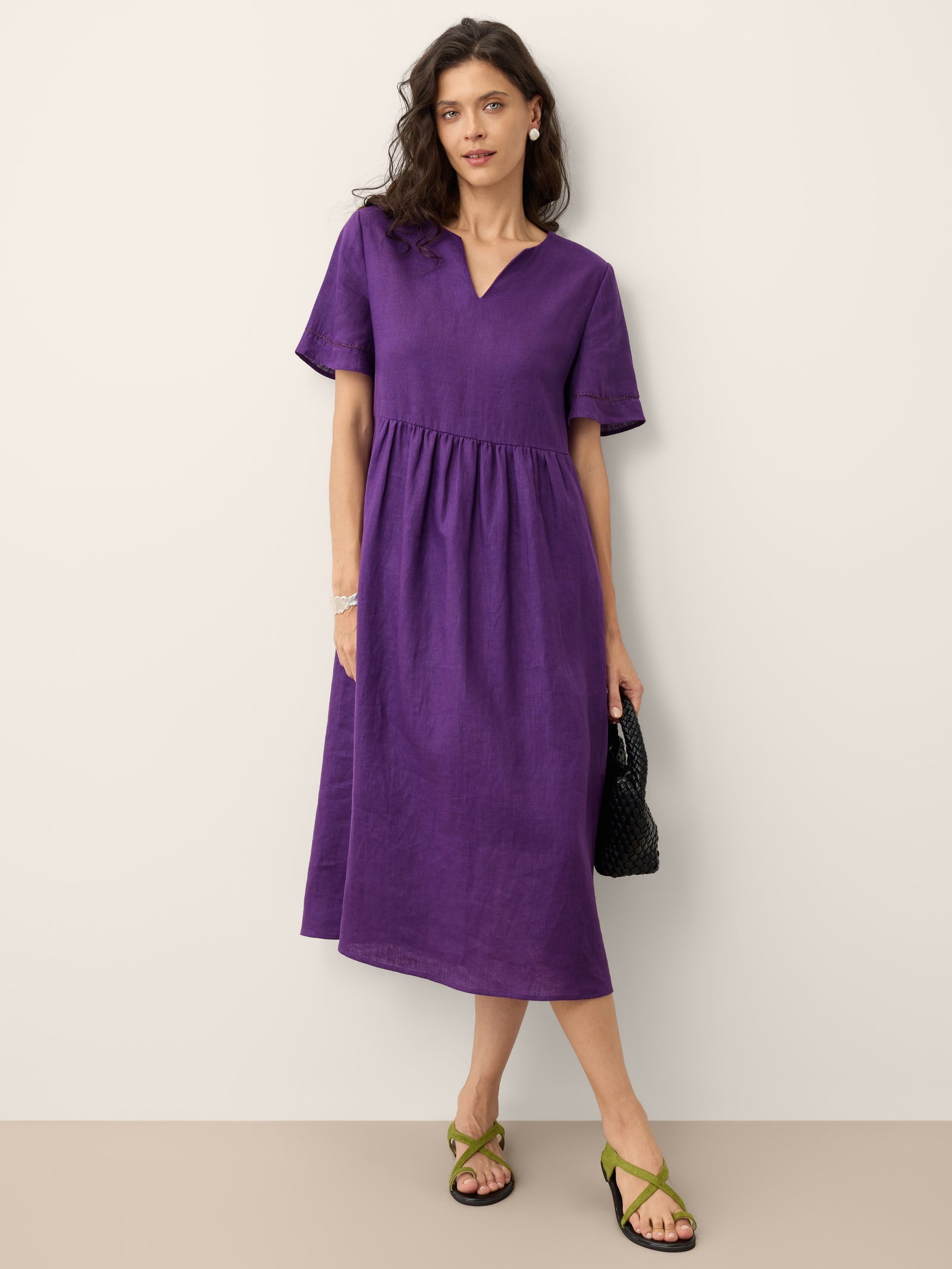 100% Linen Embroidered Cuff Split Neck Midi Dress OCTAVIA DestGlow
