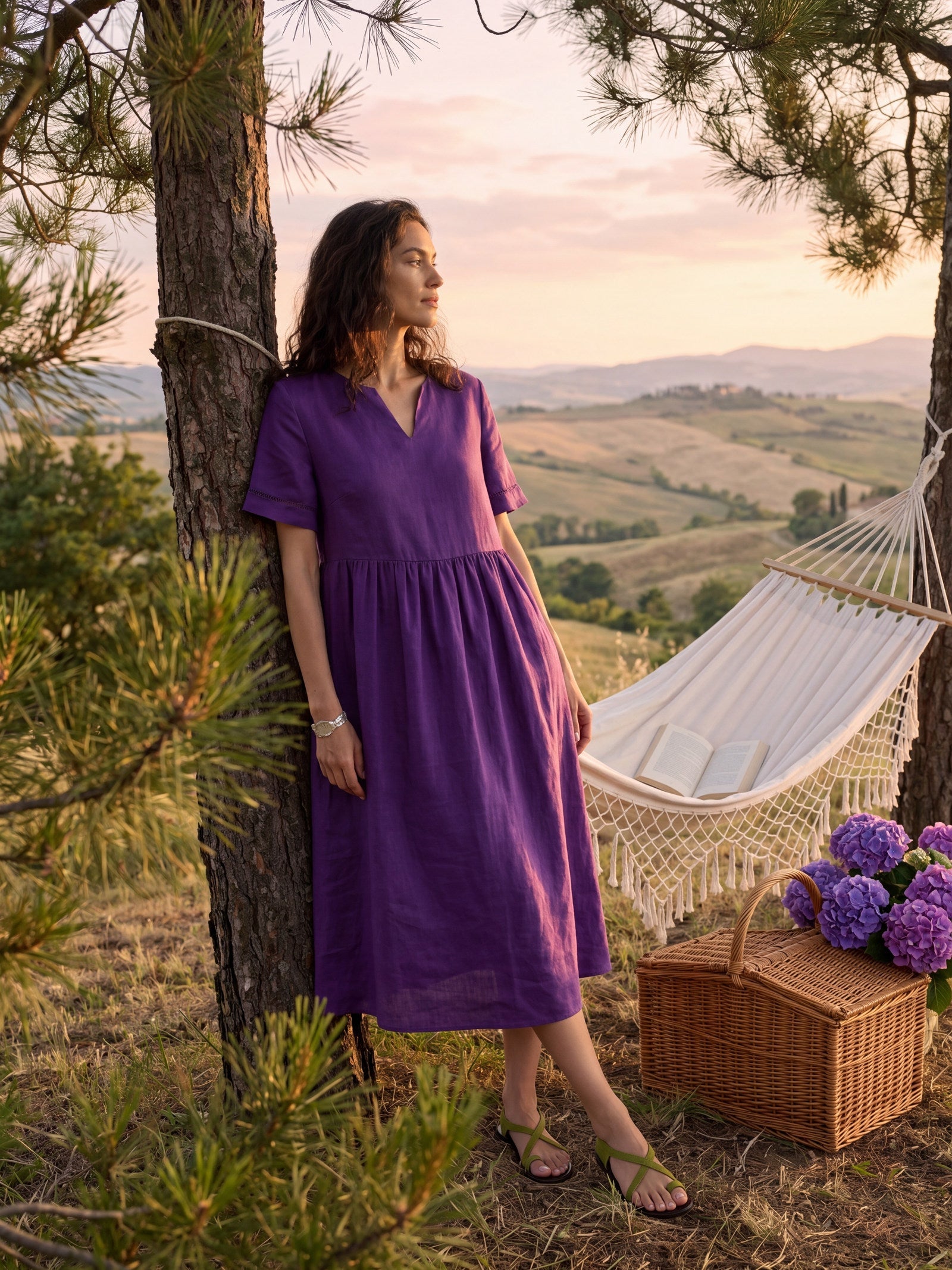 100% Linen Embroidered Cuff Split Neck Midi Dress OCTAVIA DestGlow