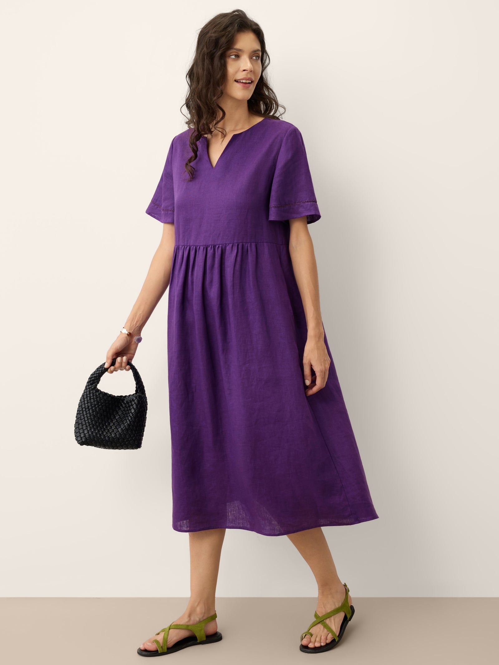 100% Linen Embroidered Cuff Split Neck Midi Dress OCTAVIA DestGlow