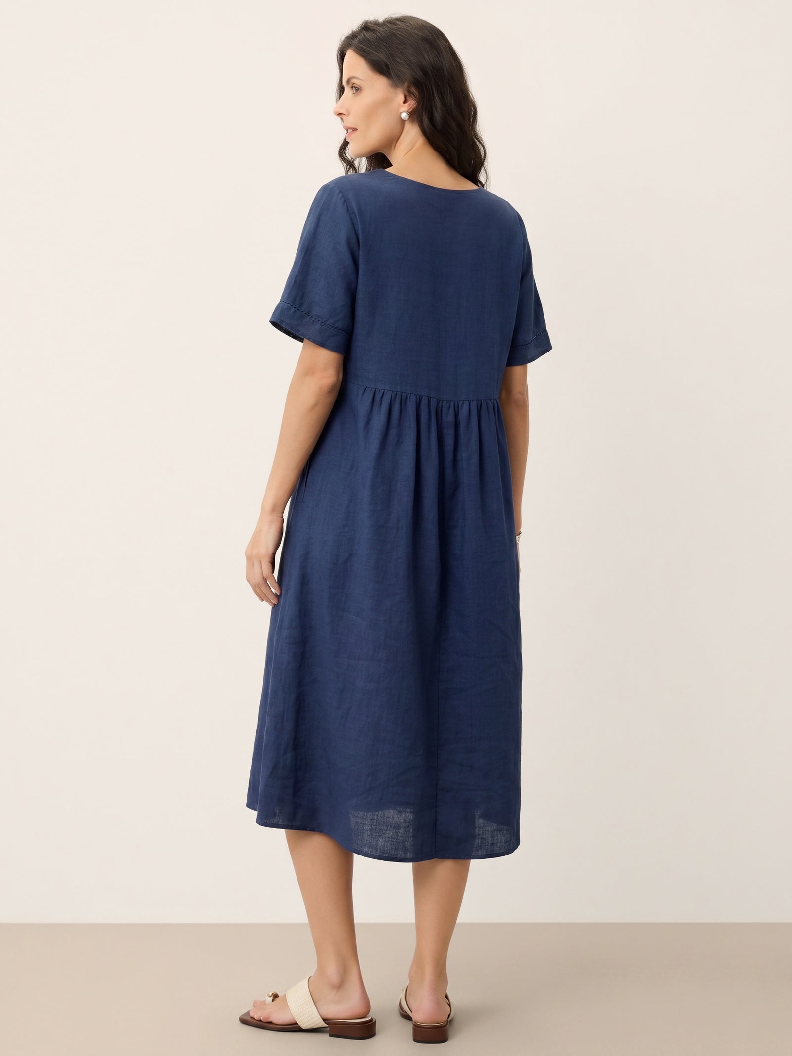 100% Linen Embroidered Cuff Split Neck Midi Dress OCTAVIA DestGlow