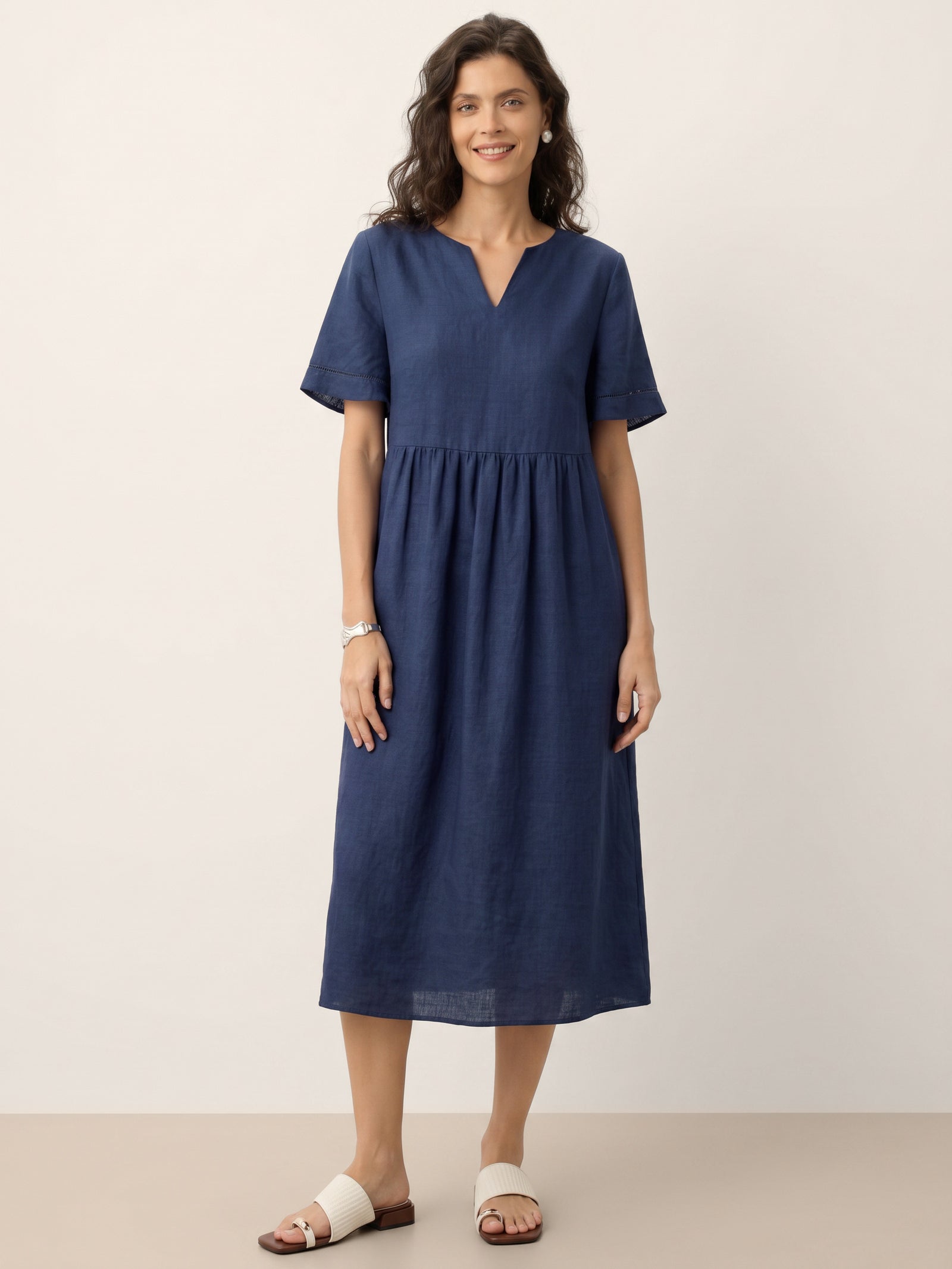 100% Linen Embroidered Cuff Split Neck Midi Dress OCTAVIA DestGlow