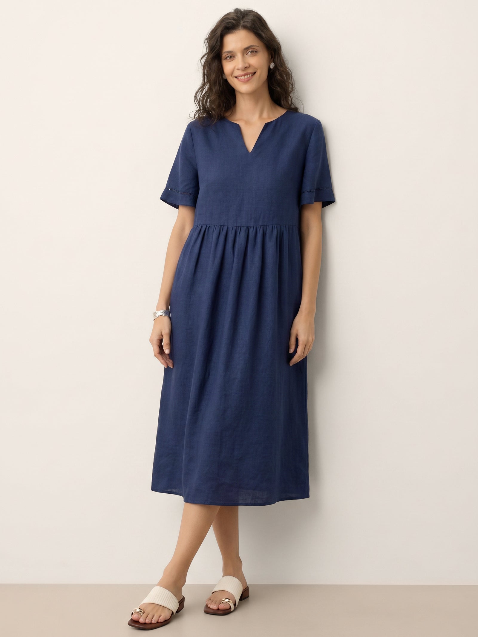 100% Linen Embroidered Cuff Split Neck Midi Dress OCTAVIA DestGlow