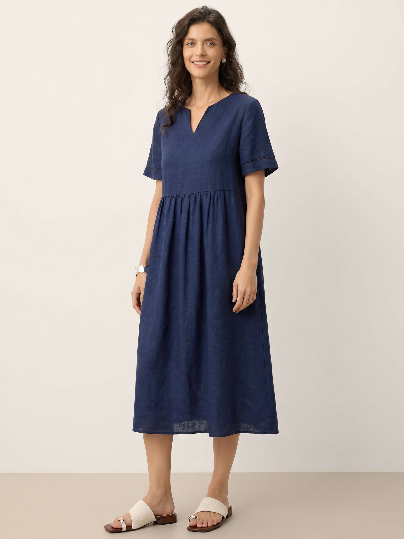 100% Linen Embroidered Cuff Split Neck Midi Dress OCTAVIA DestGlow