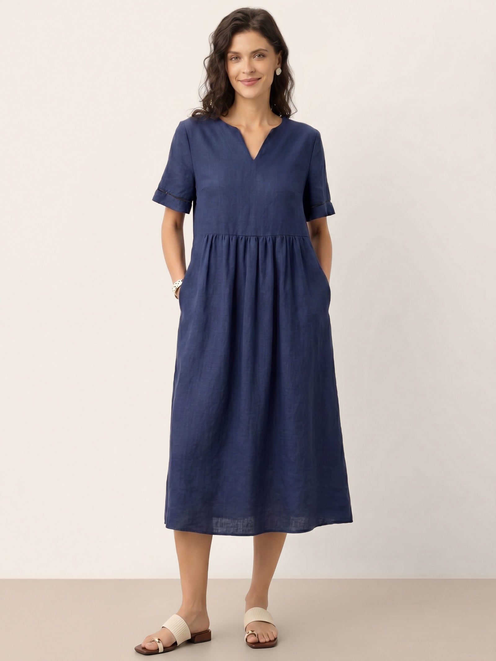 100% Linen Embroidered Cuff Split Neck Midi Dress OCTAVIA DestGlow