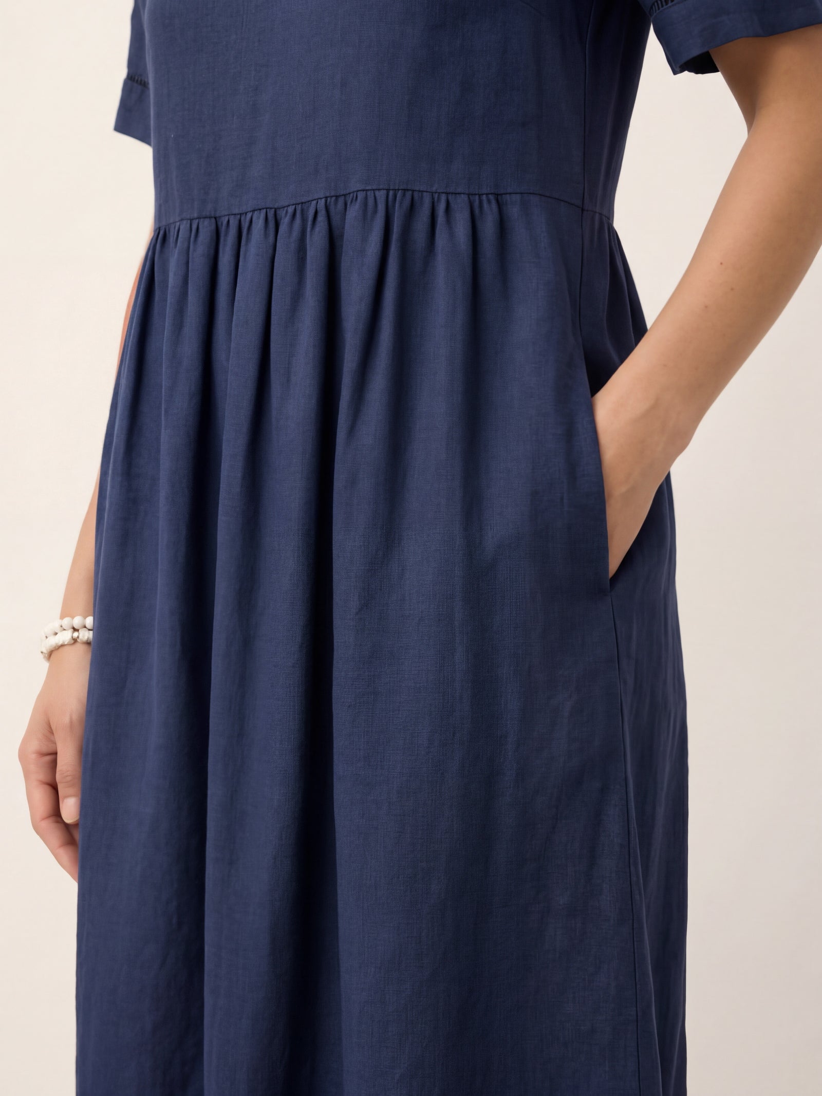 100% Linen Embroidered Cuff Split Neck Midi Dress OCTAVIA DestGlow
