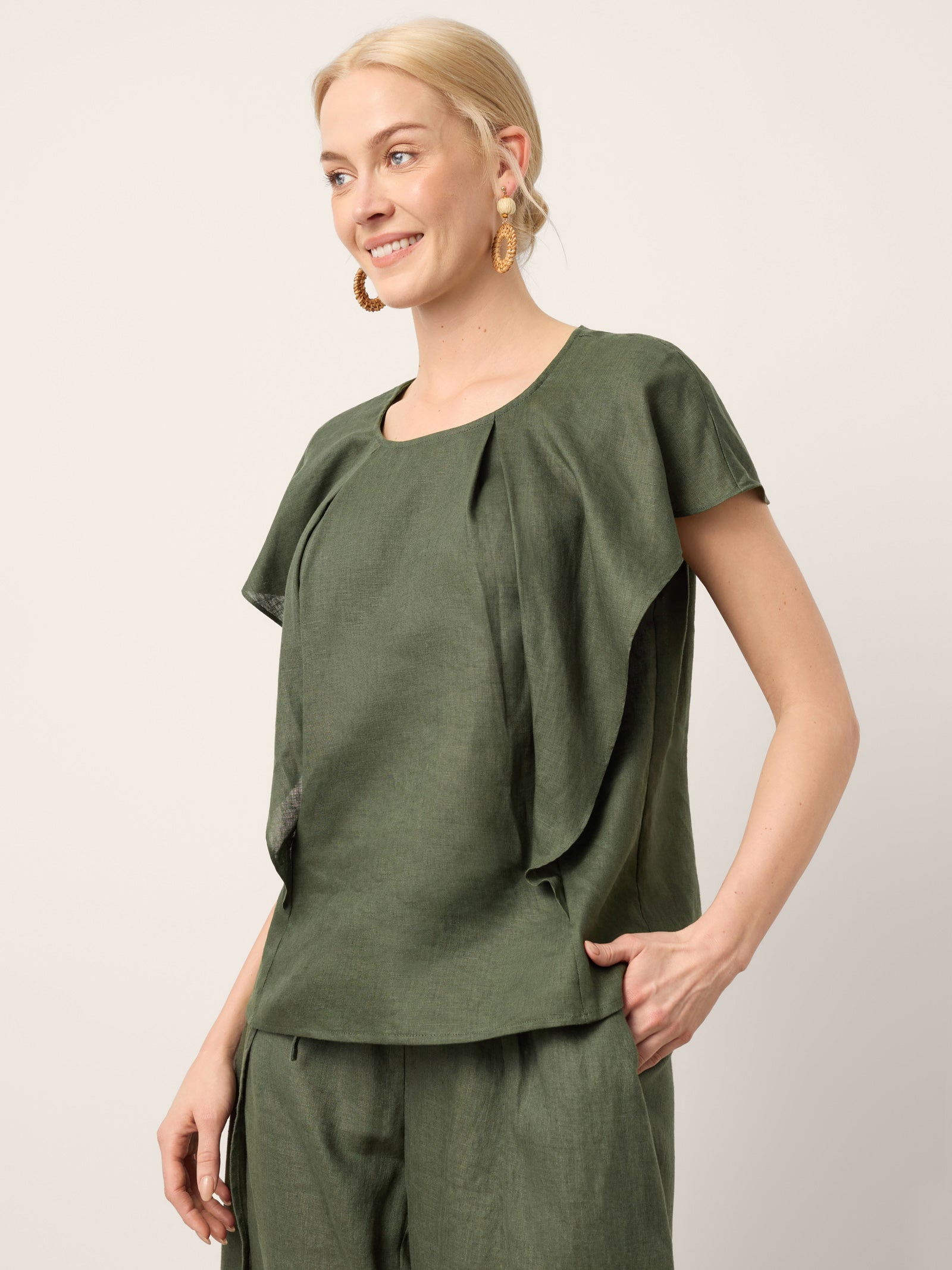 100% Linen Flutter Sleeve Sculpted Pleat Top DRUSILLA DestGlow