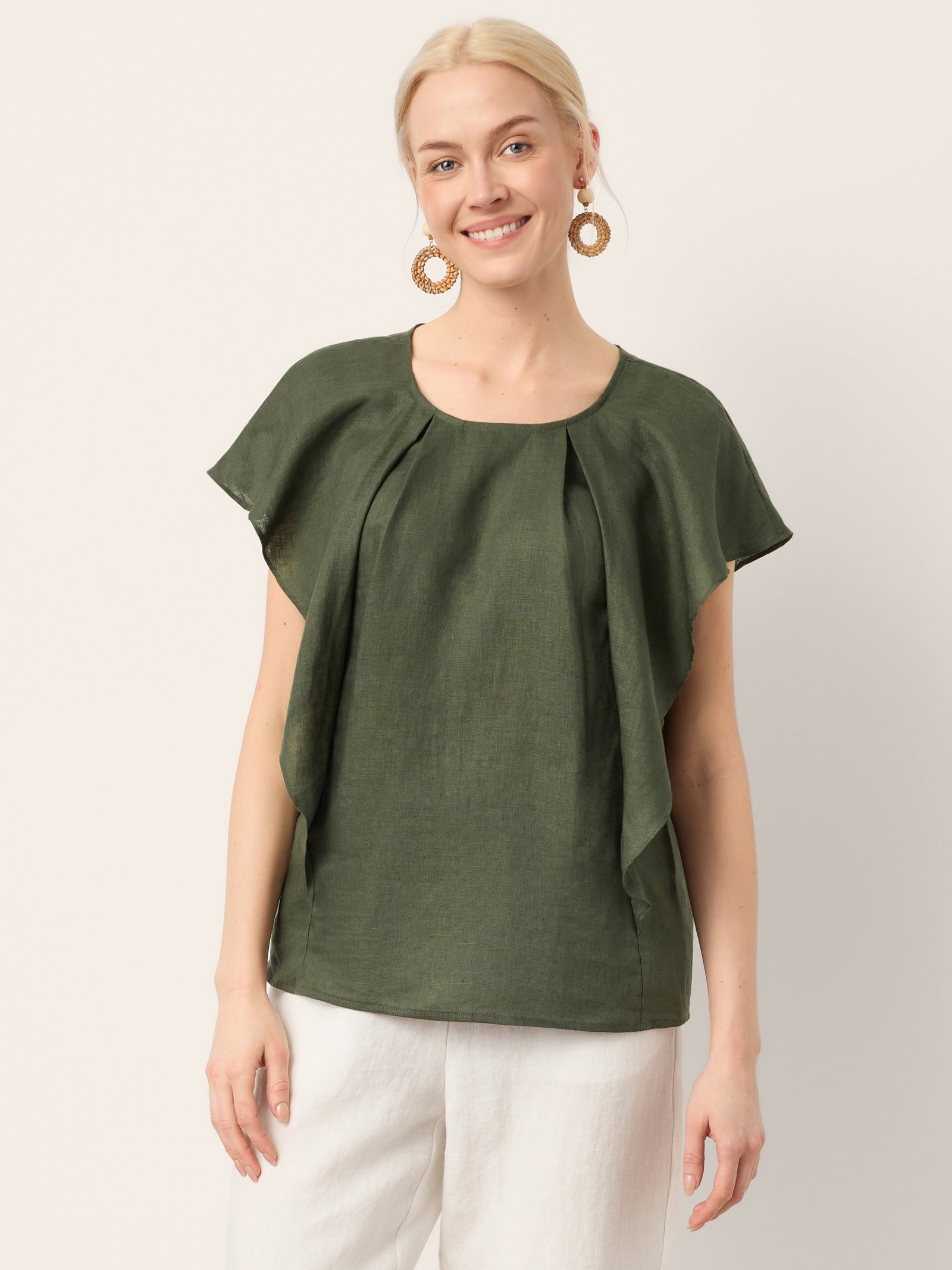 100% Linen Flutter Sleeve Sculpted Pleat Top DRUSILLA DestGlow