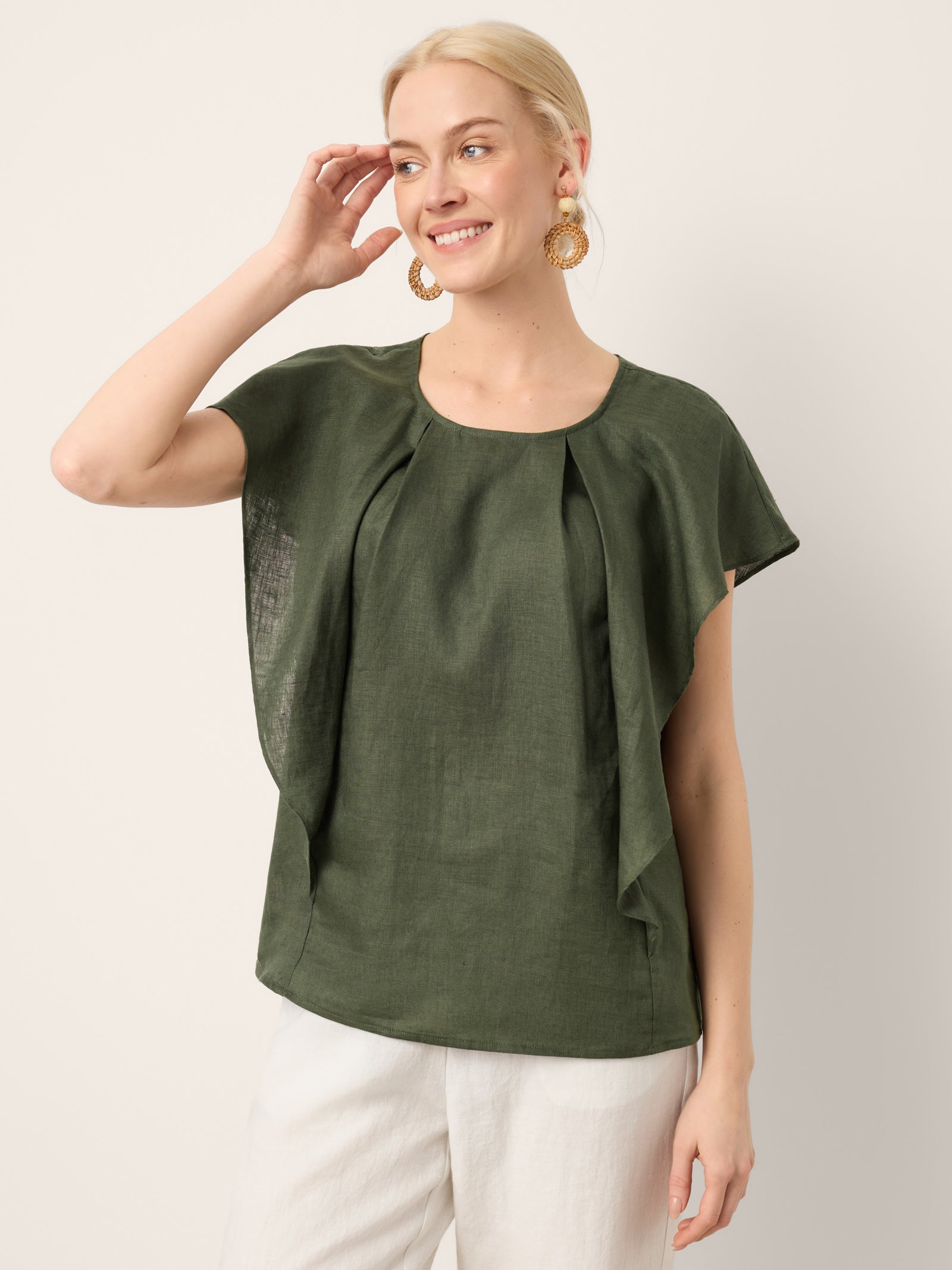 100% Linen Flutter Sleeve Sculpted Pleat Top DRUSILLA DestGlow