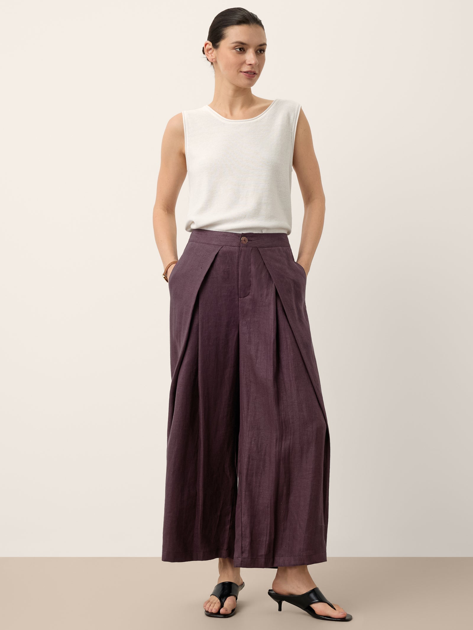 100% Linen Yarn Dyed Pleated Wide Leg Culottes PALOMA DestGlow