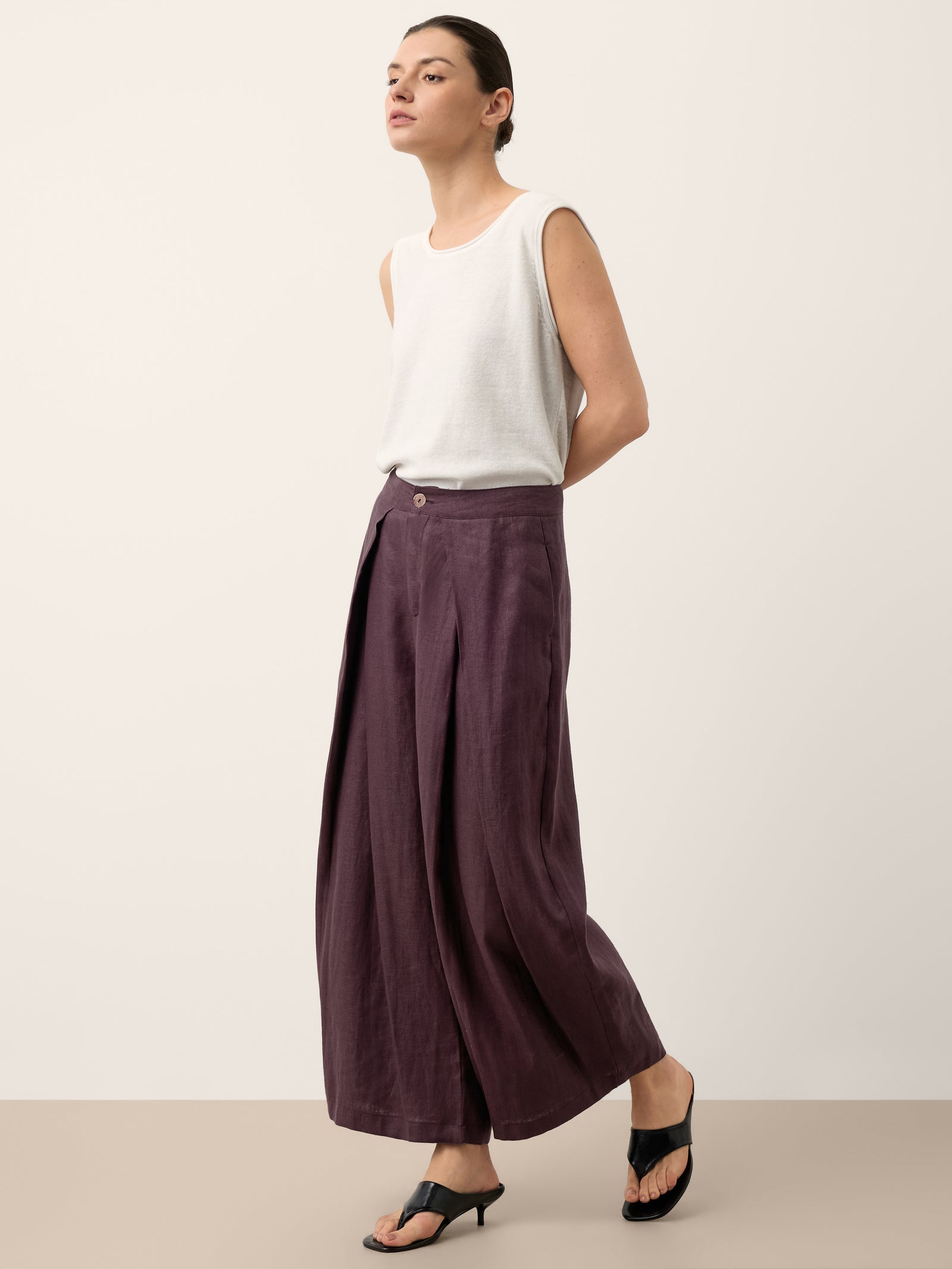 100% Linen Yarn Dyed Pleated Wide Leg Culottes PALOMA DestGlow