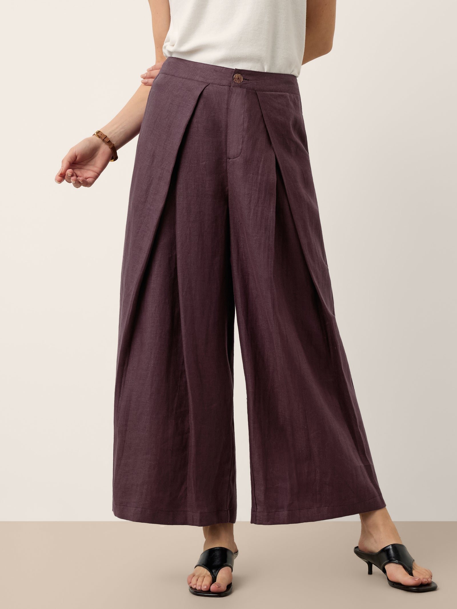 100% Linen Yarn Dyed Pleated Wide Leg Culottes PALOMA DestGlow