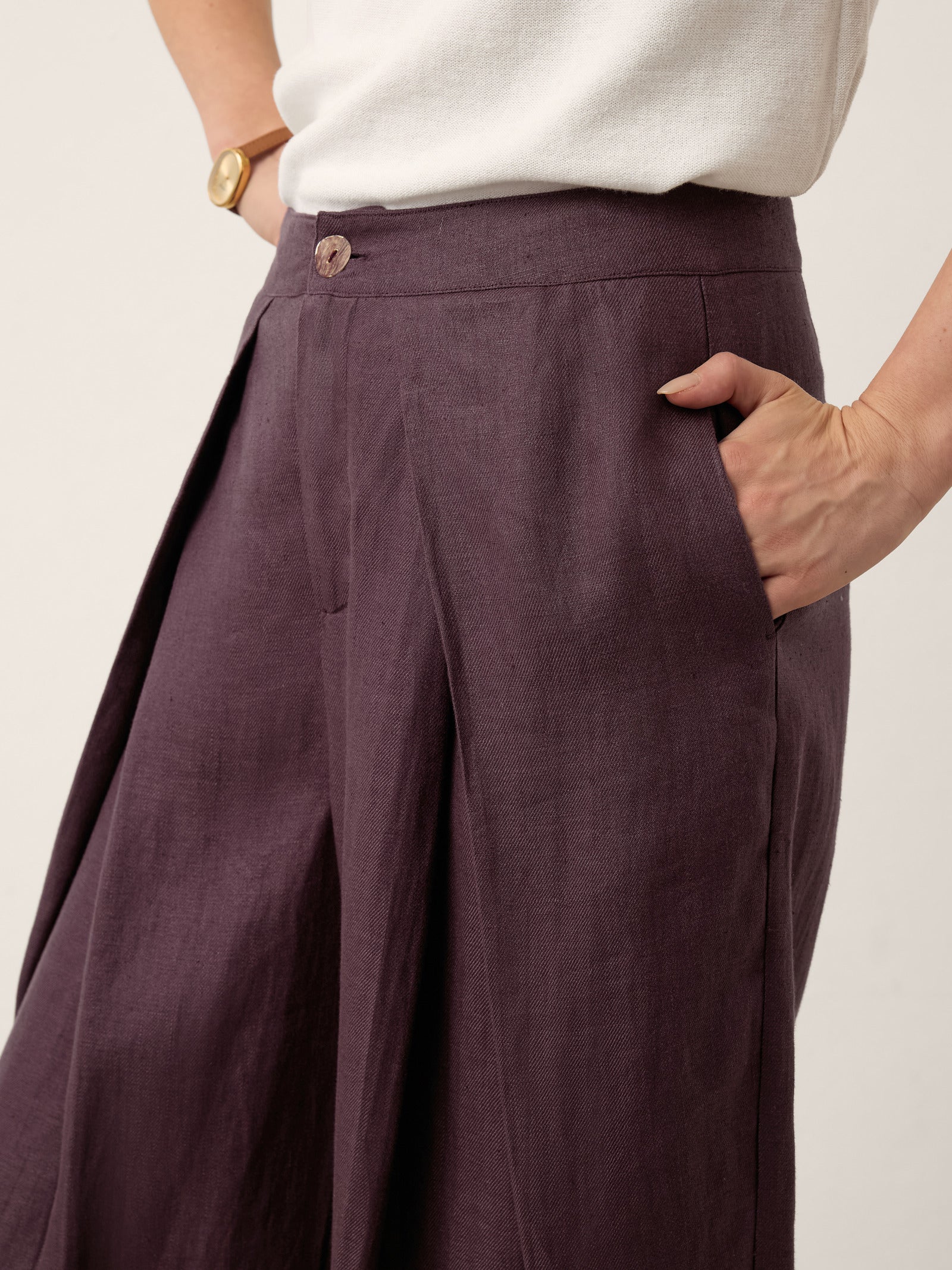 100% Linen Yarn Dyed Pleated Wide Leg Culottes PALOMA DestGlow