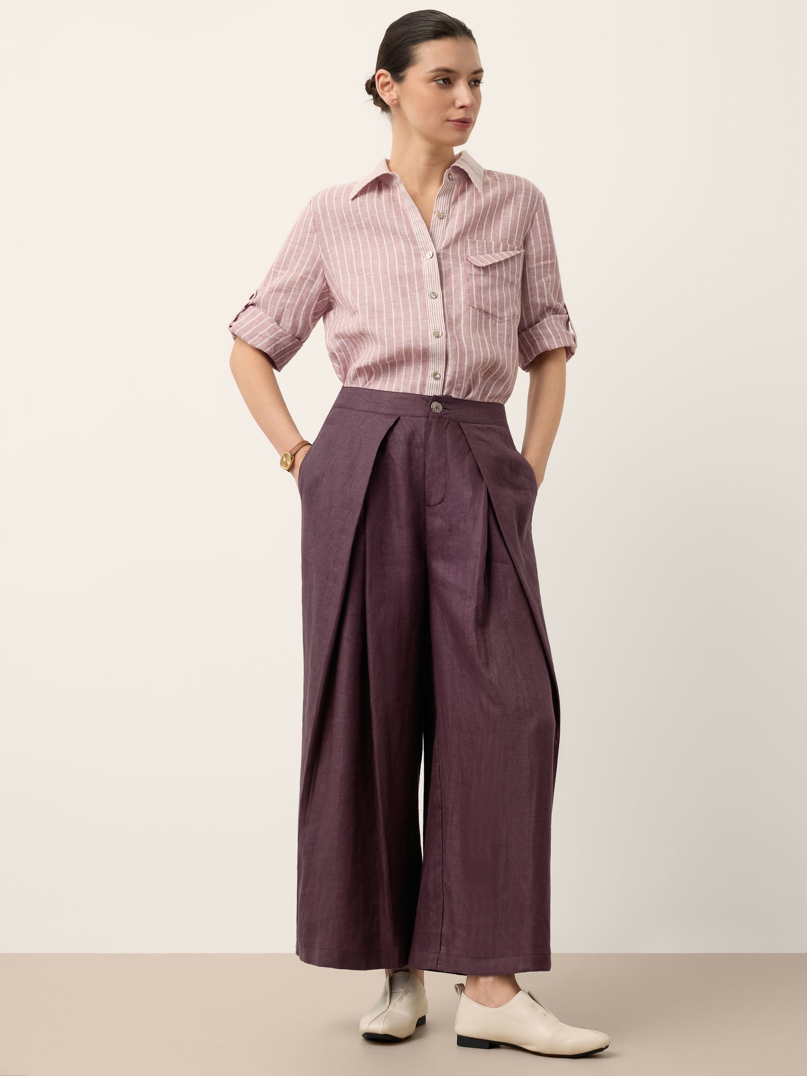 100% Linen Yarn Dyed Pleated Wide Leg Culottes PALOMA DestGlow