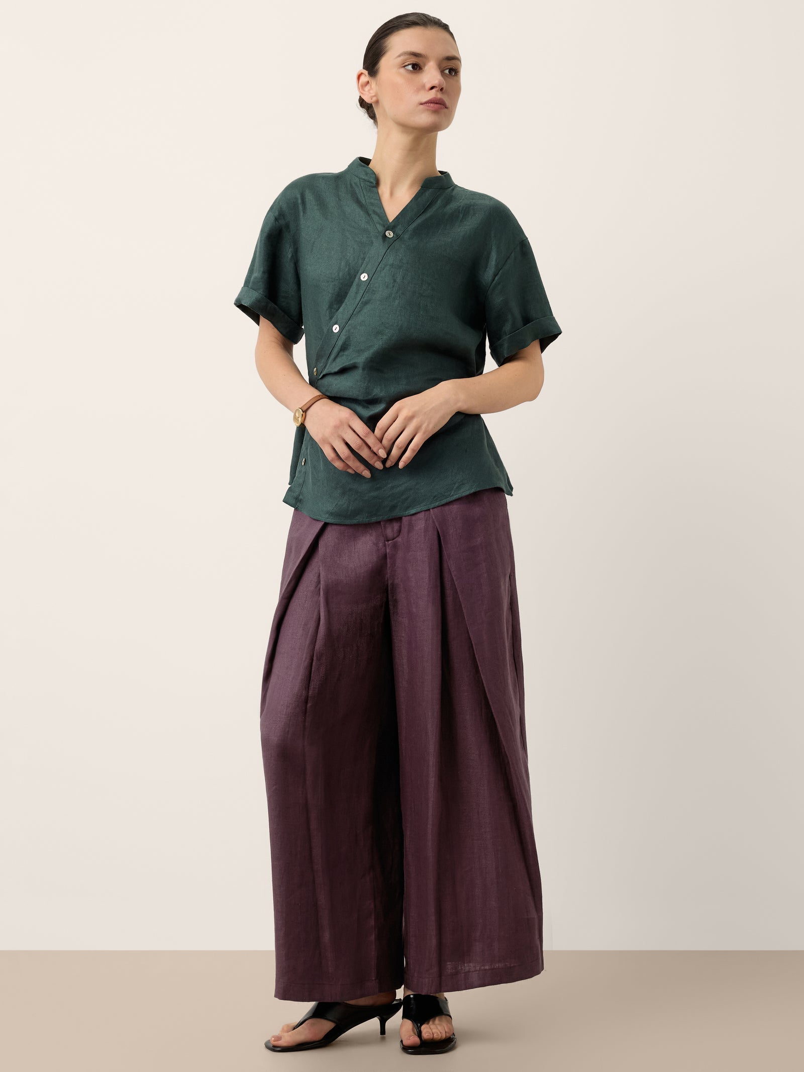 100% Linen Yarn Dyed Pleated Wide Leg Culottes PALOMA DestGlow