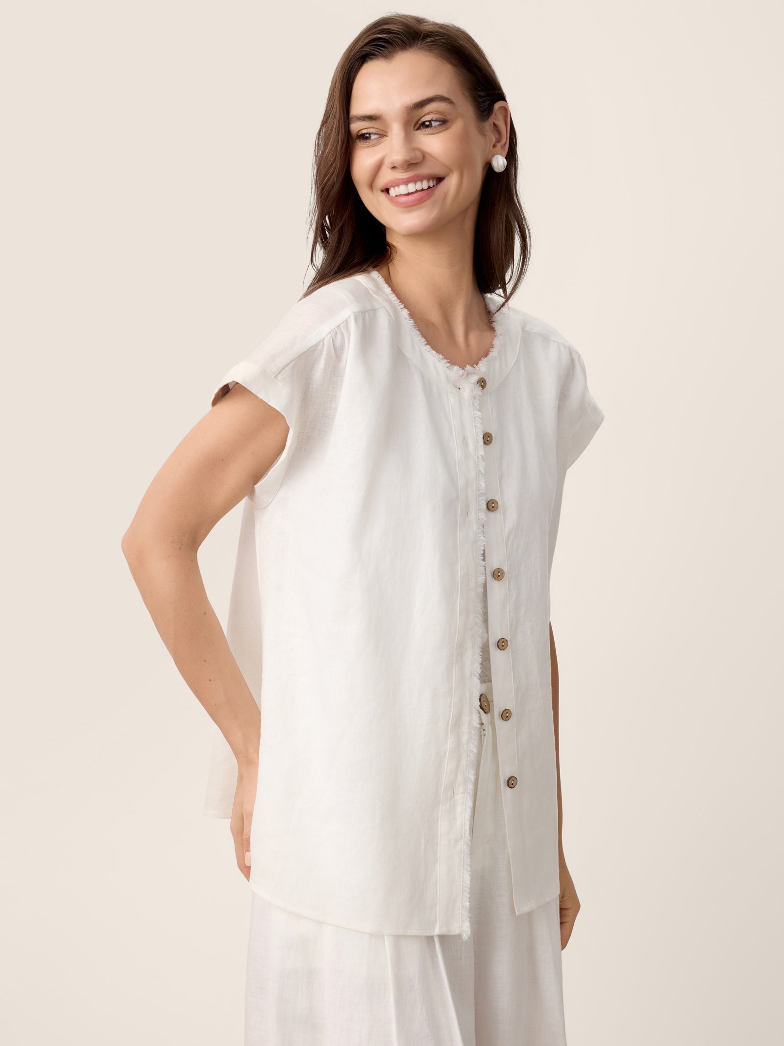 100% Linen Frayed-Trim Drop-Shoulder Top INDIRA by LINTICO
