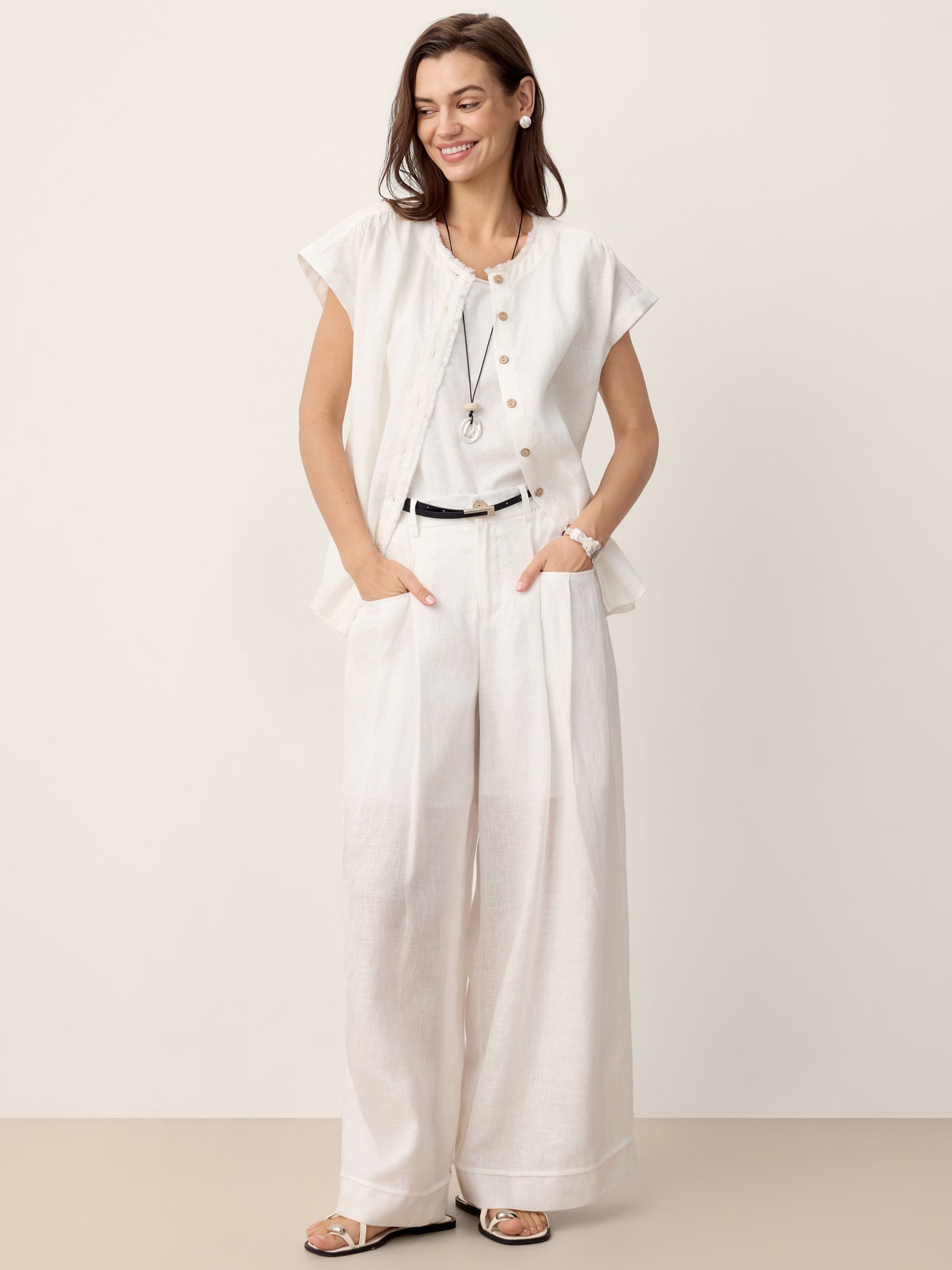 100% Linen Frayed-Trim Drop-Shoulder Top INDIRA by LINTICO