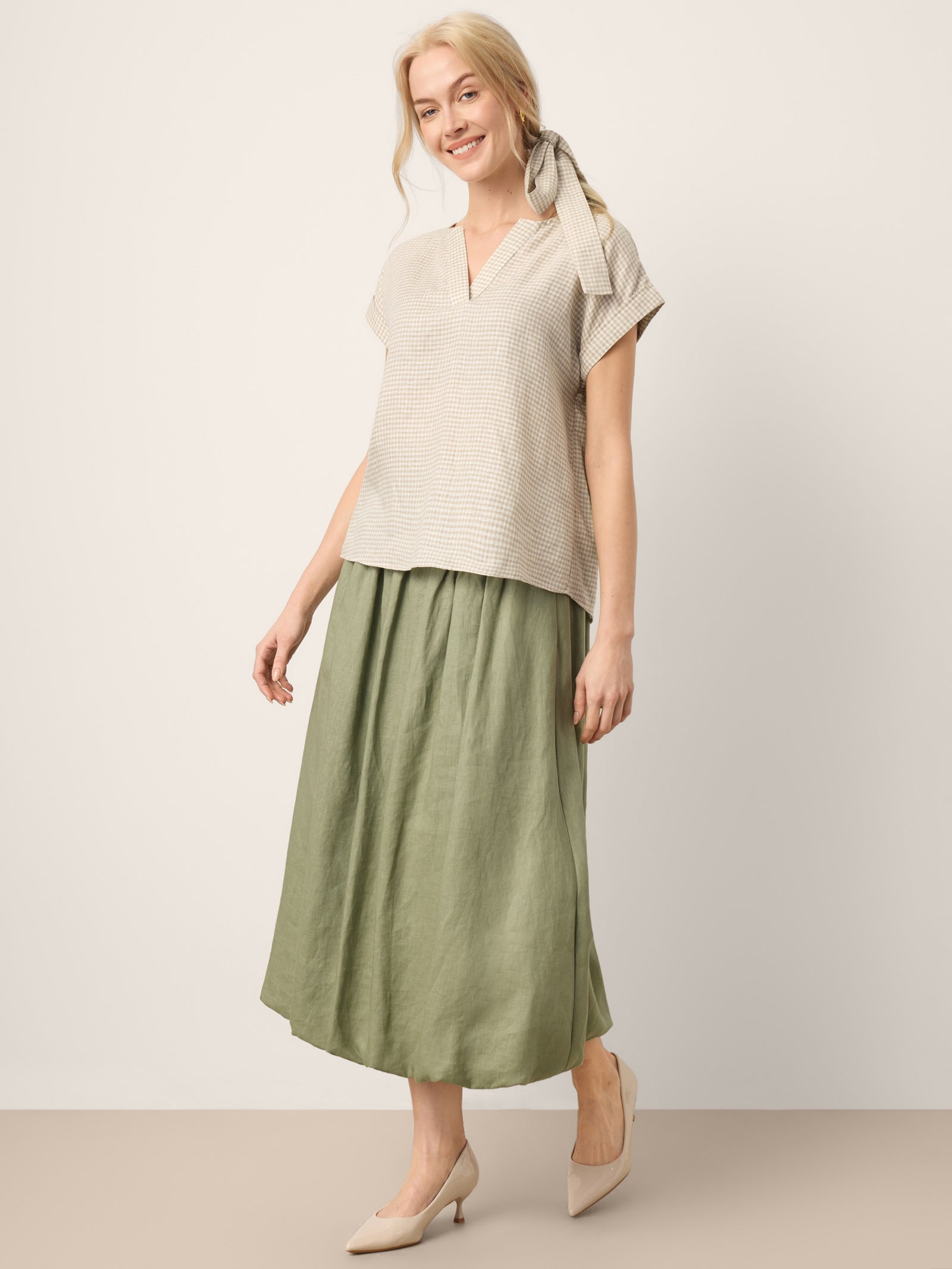 100% Linen Plaid Detachable Tie-Belt Split-Neck Top LEXIE DestGlow