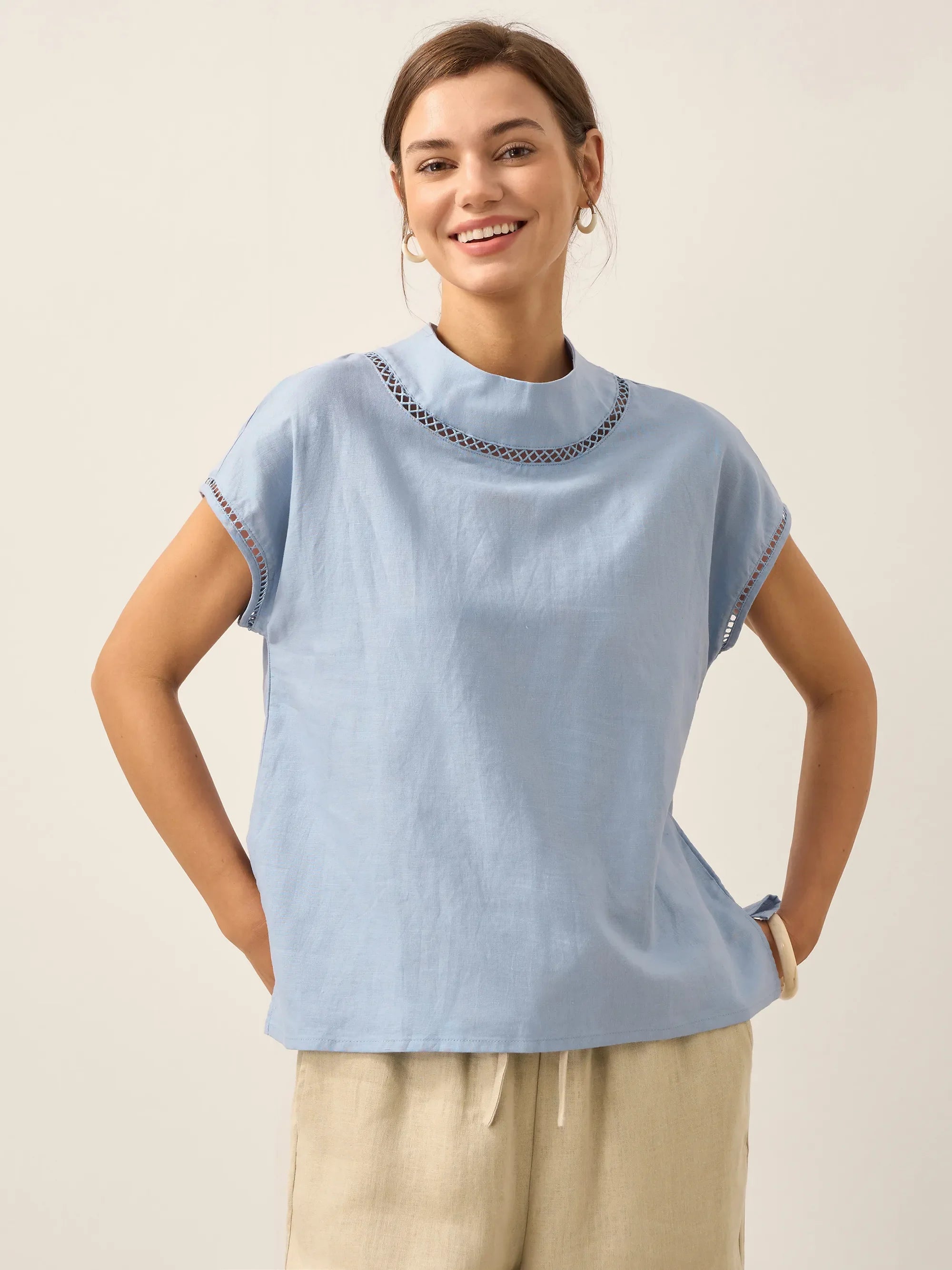100% Linen Gingham Checked Cutout Turtleneck Top CAROL by LINTICO