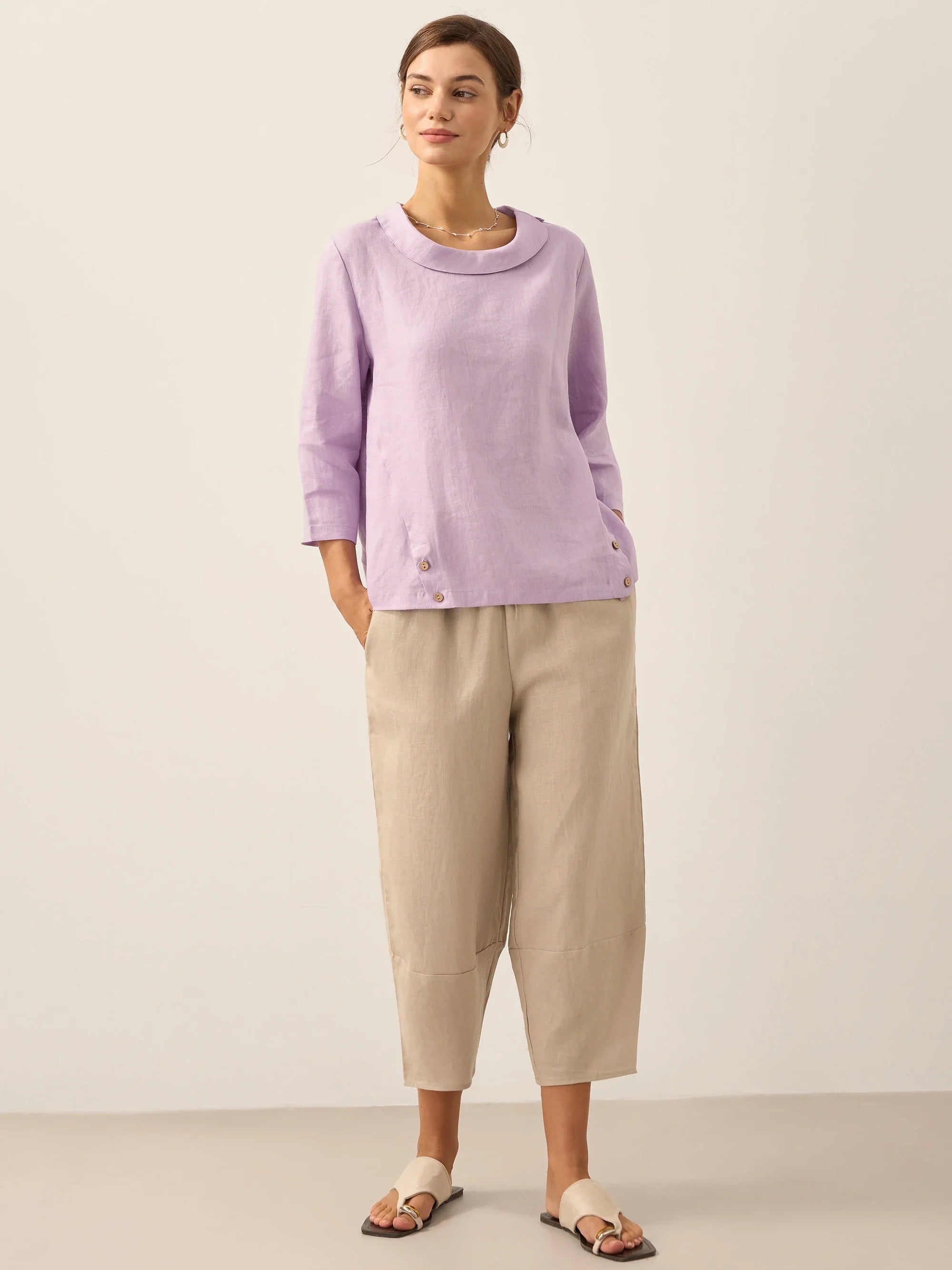 Linen Gingham Checked Round Soft-Fold Collar Top LAURA by LINTICO