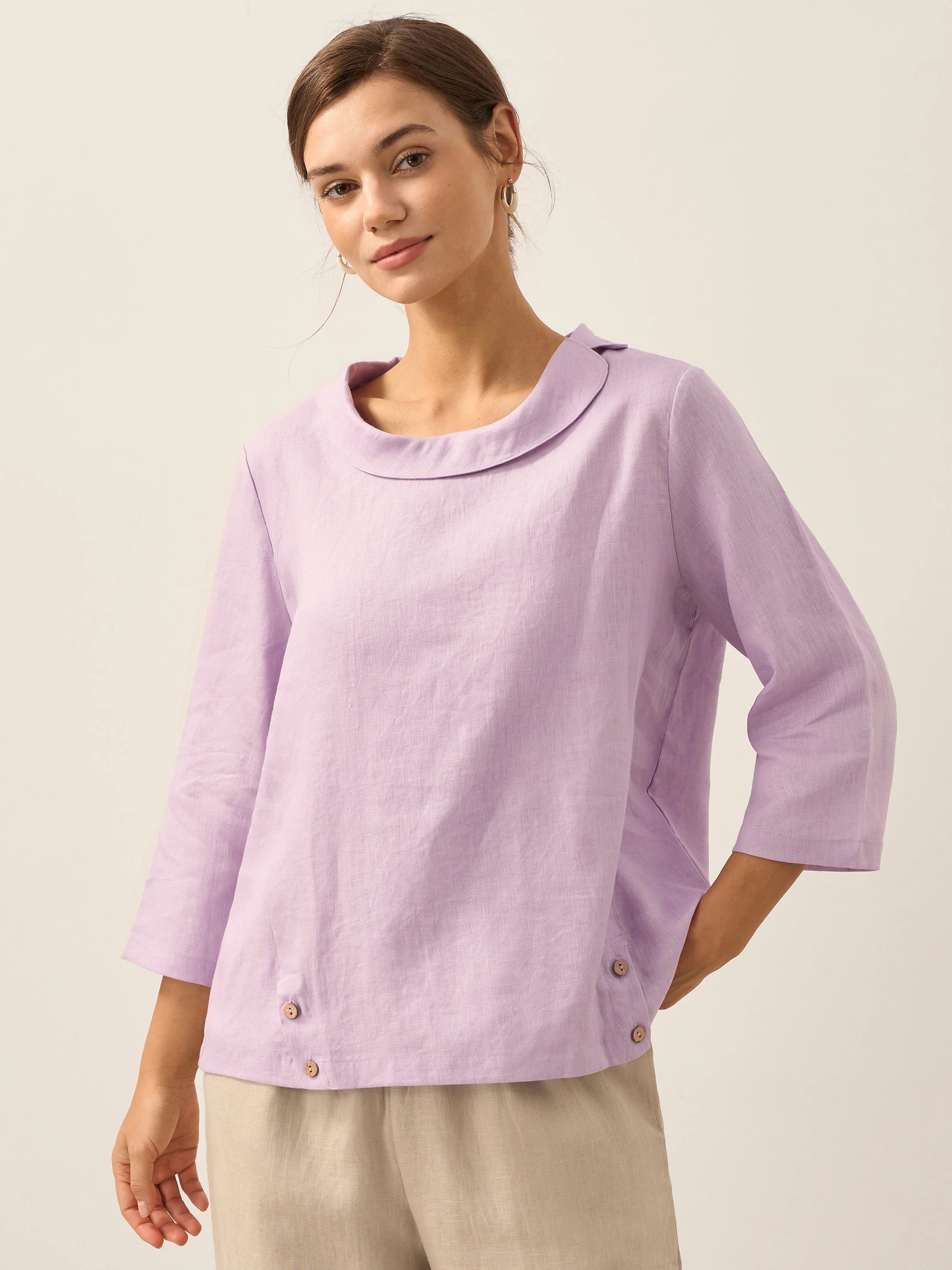 Linen Round Soft-Fold Collar Top LAURA