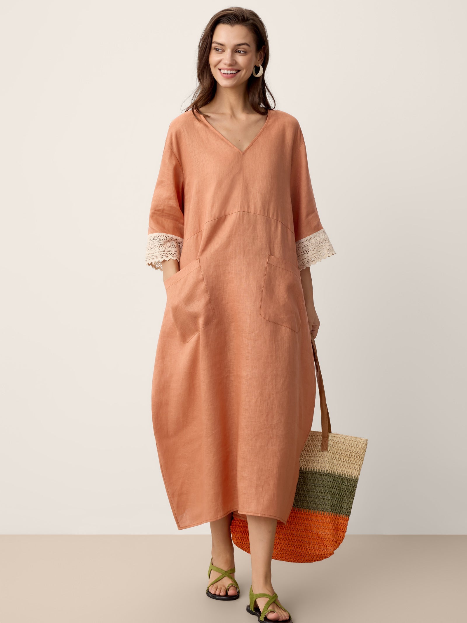 100% Linen Lace-Cuff Cocoon Midi Dress PETRA by LINTICO