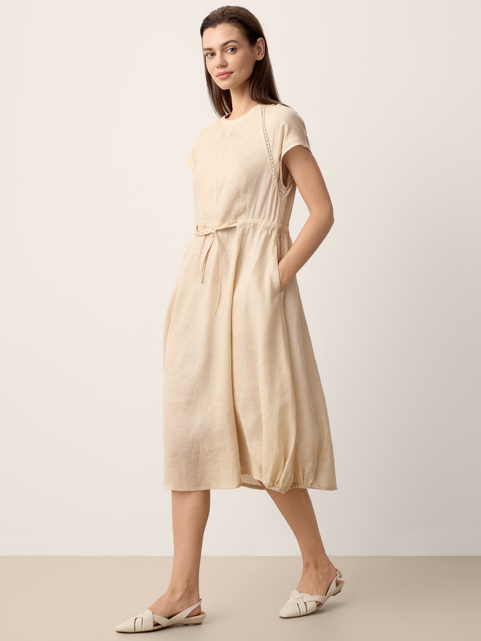 100% Linen Lace-Inset Bubble-Hem Midi Dress LORITA by LINTICO