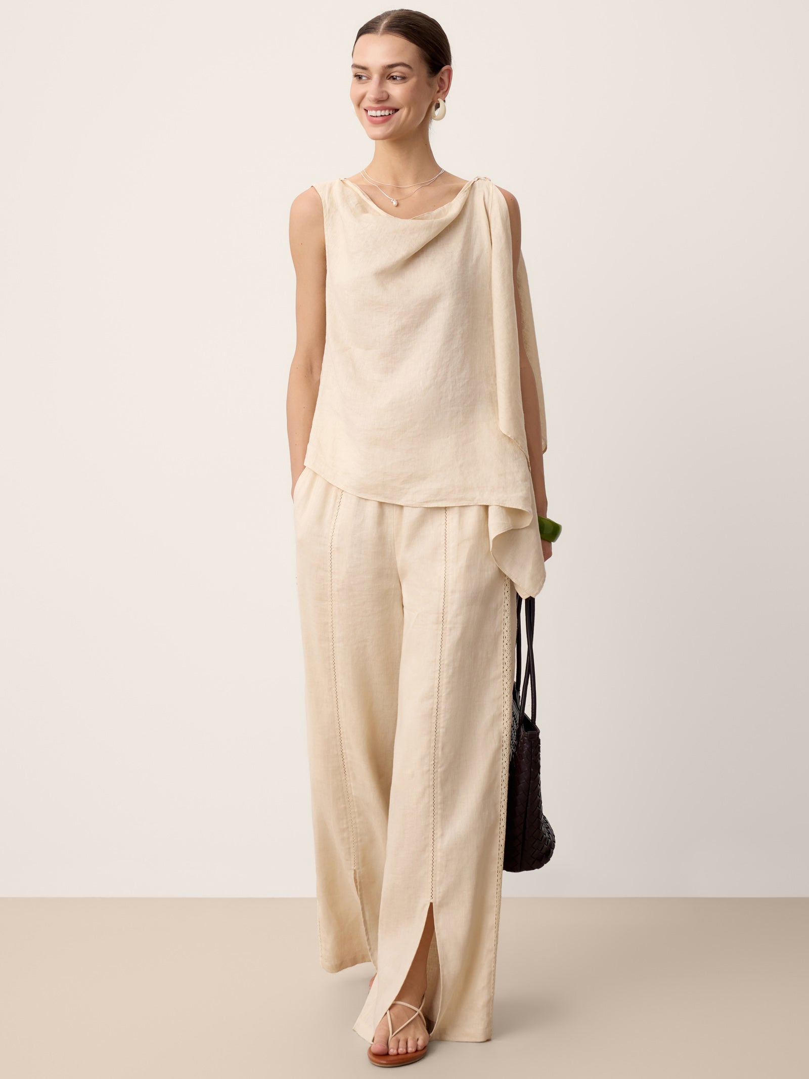 100% Linen Lace-Panel Split-Hem Pants BRONTE by LINTICO