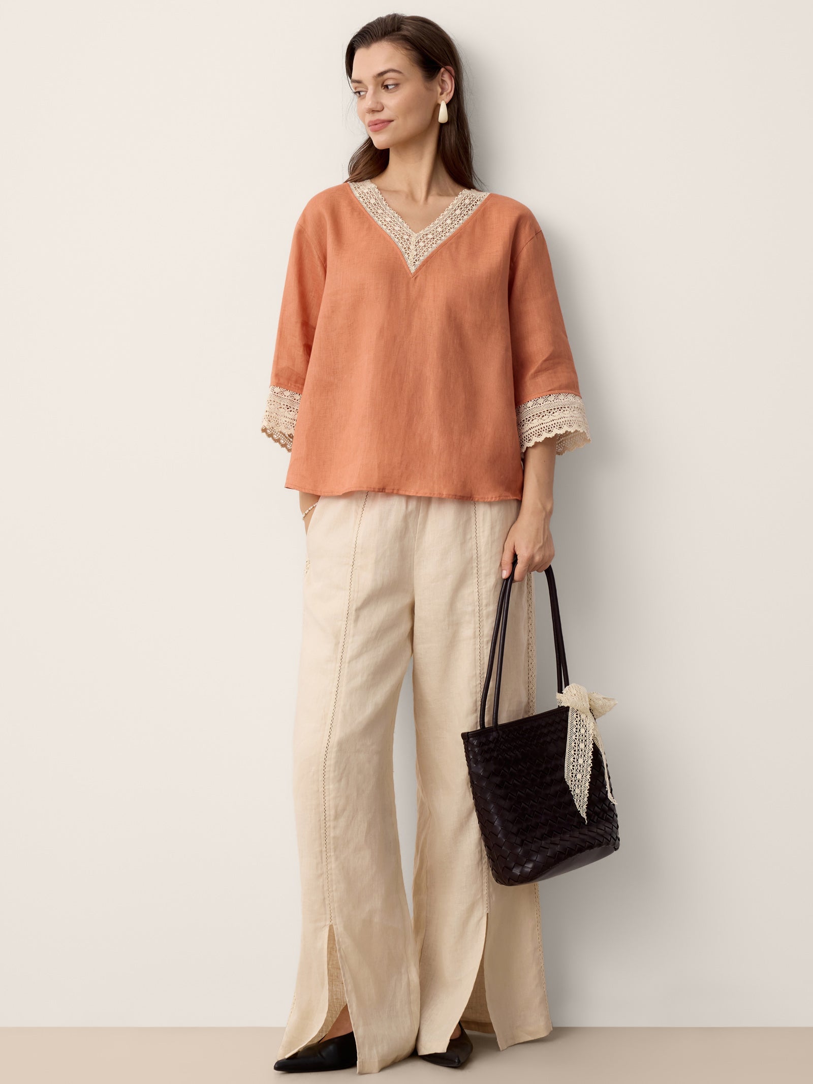 100% Linen Lace-Panel Split-Hem Pants BRONTE by LINTICO