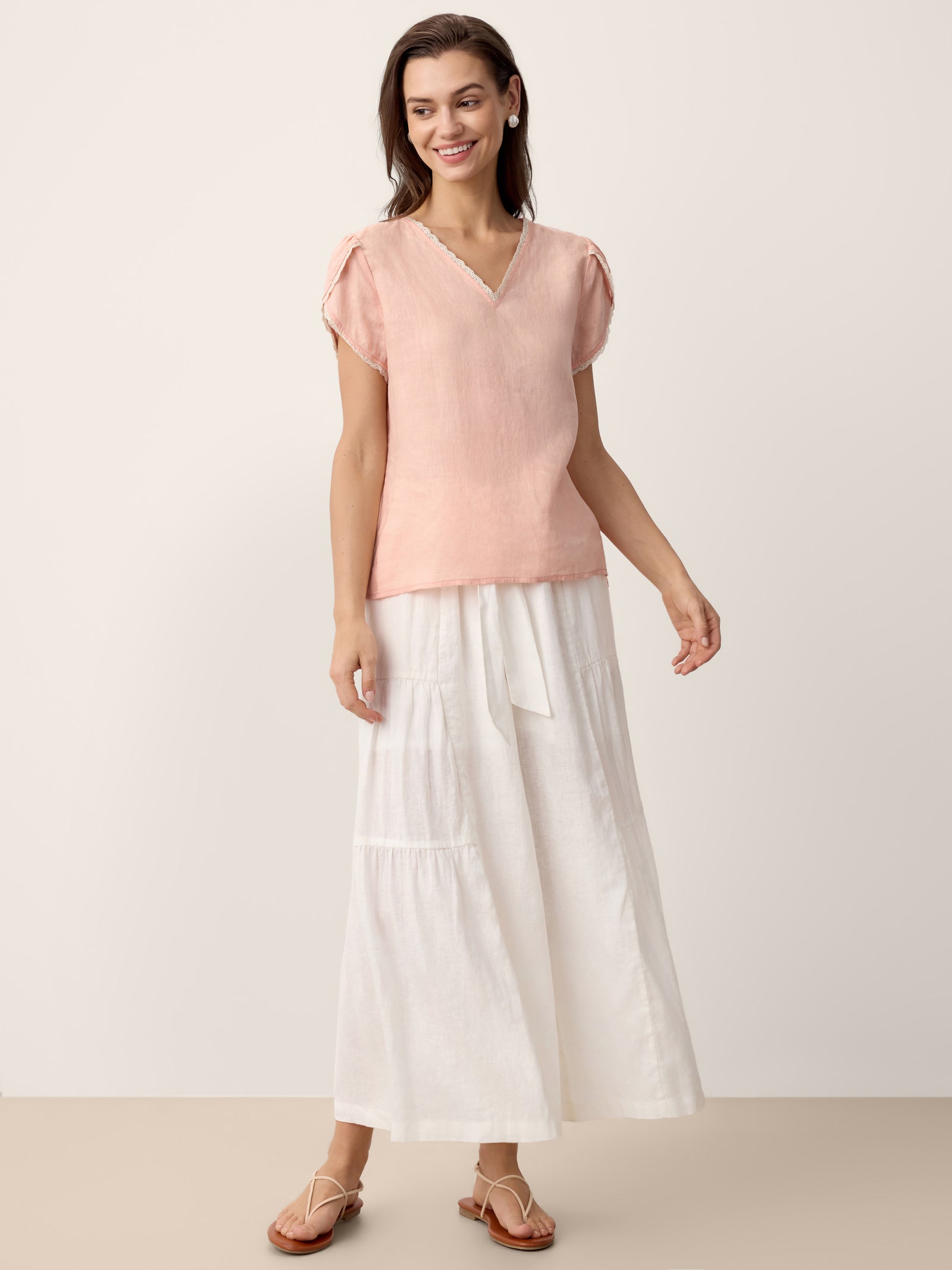 100% Linen Lace-Trim Puff-Sleeve Top NIA by LINTICO