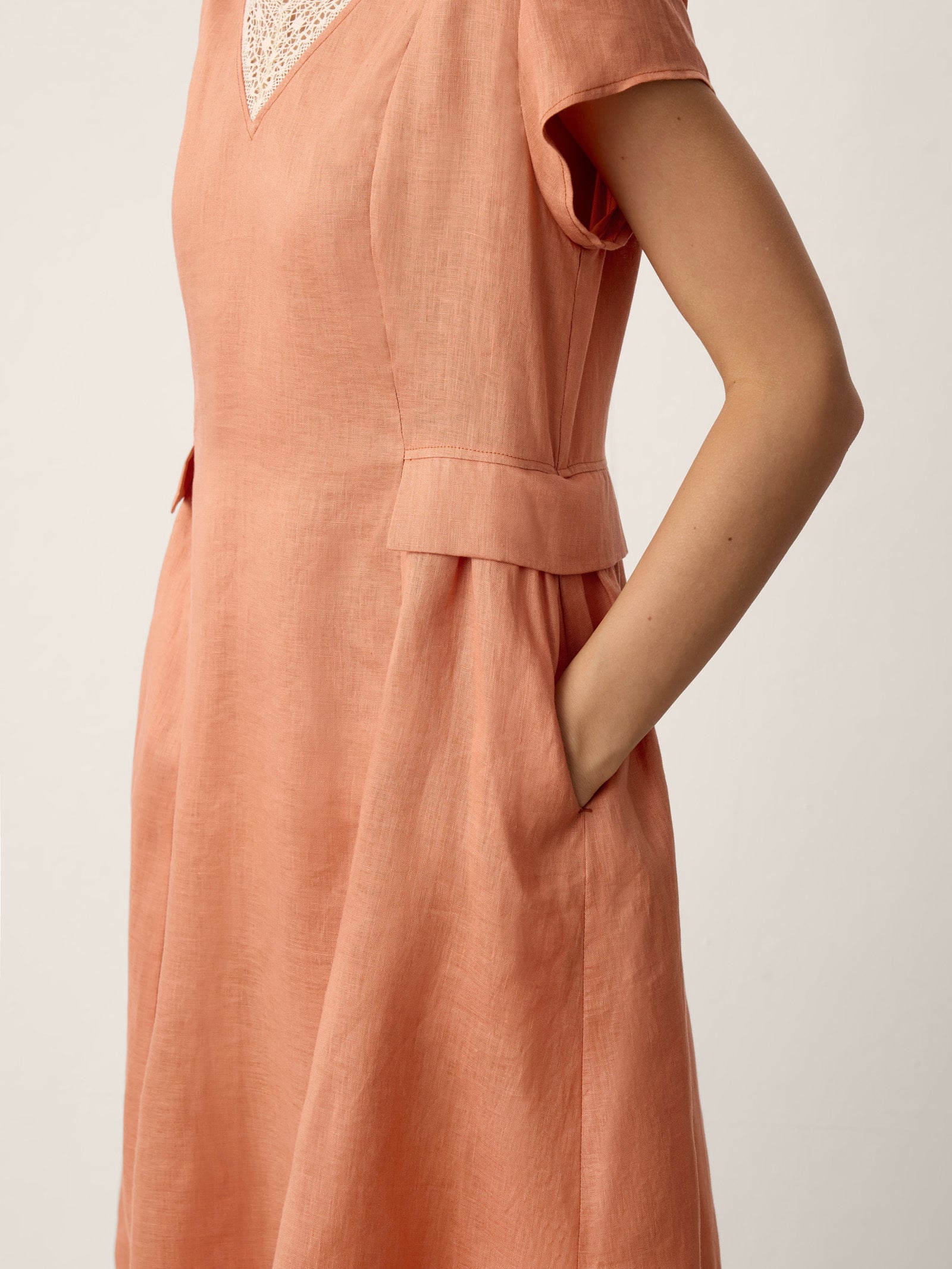 100% Linen Lace-Trim V-Neck Tailored-Waist Midi Dress ELENI by LINTICO