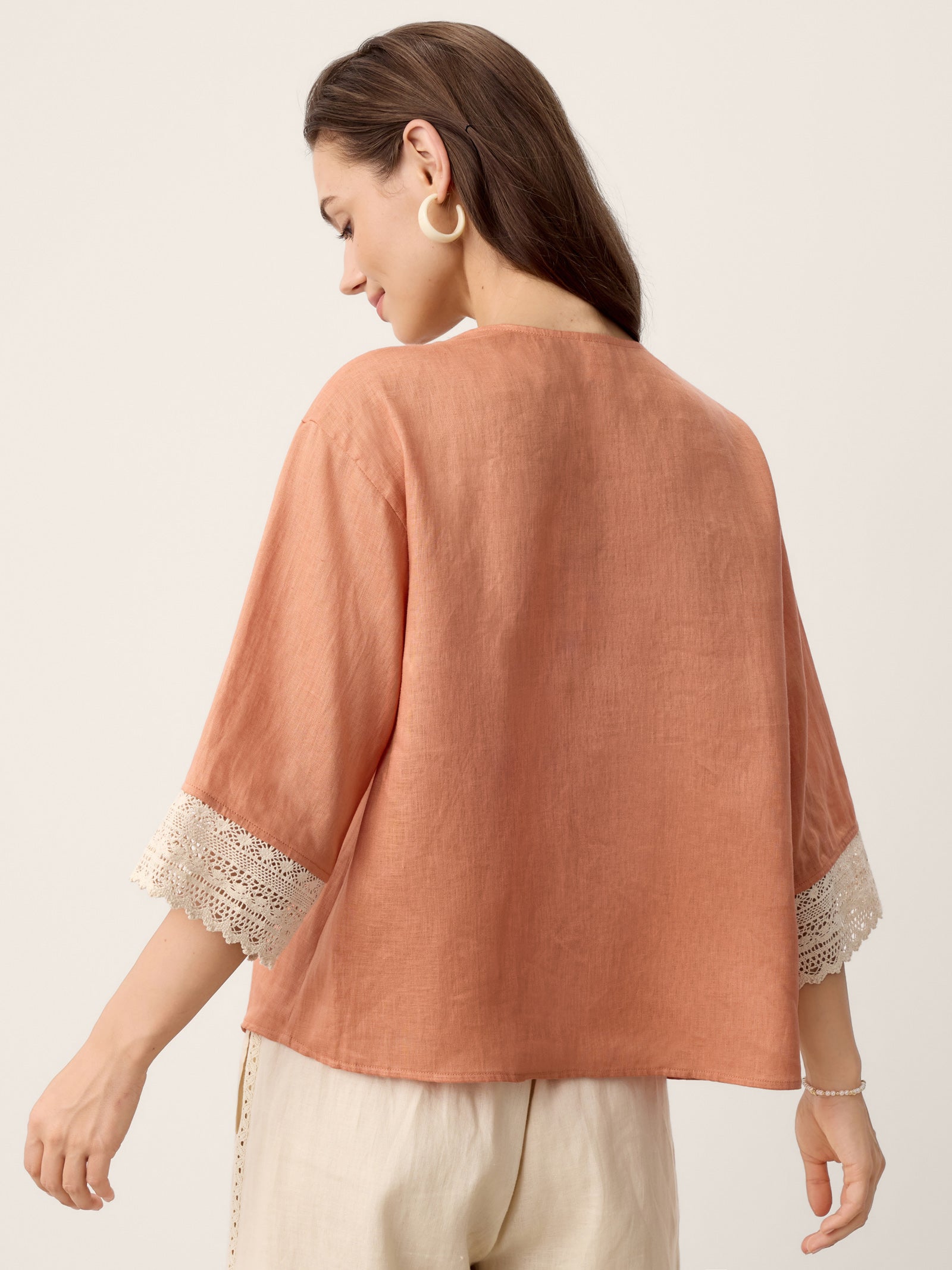 100% Linen Lace-Trim V-Neck Top KEELY by LINTICO