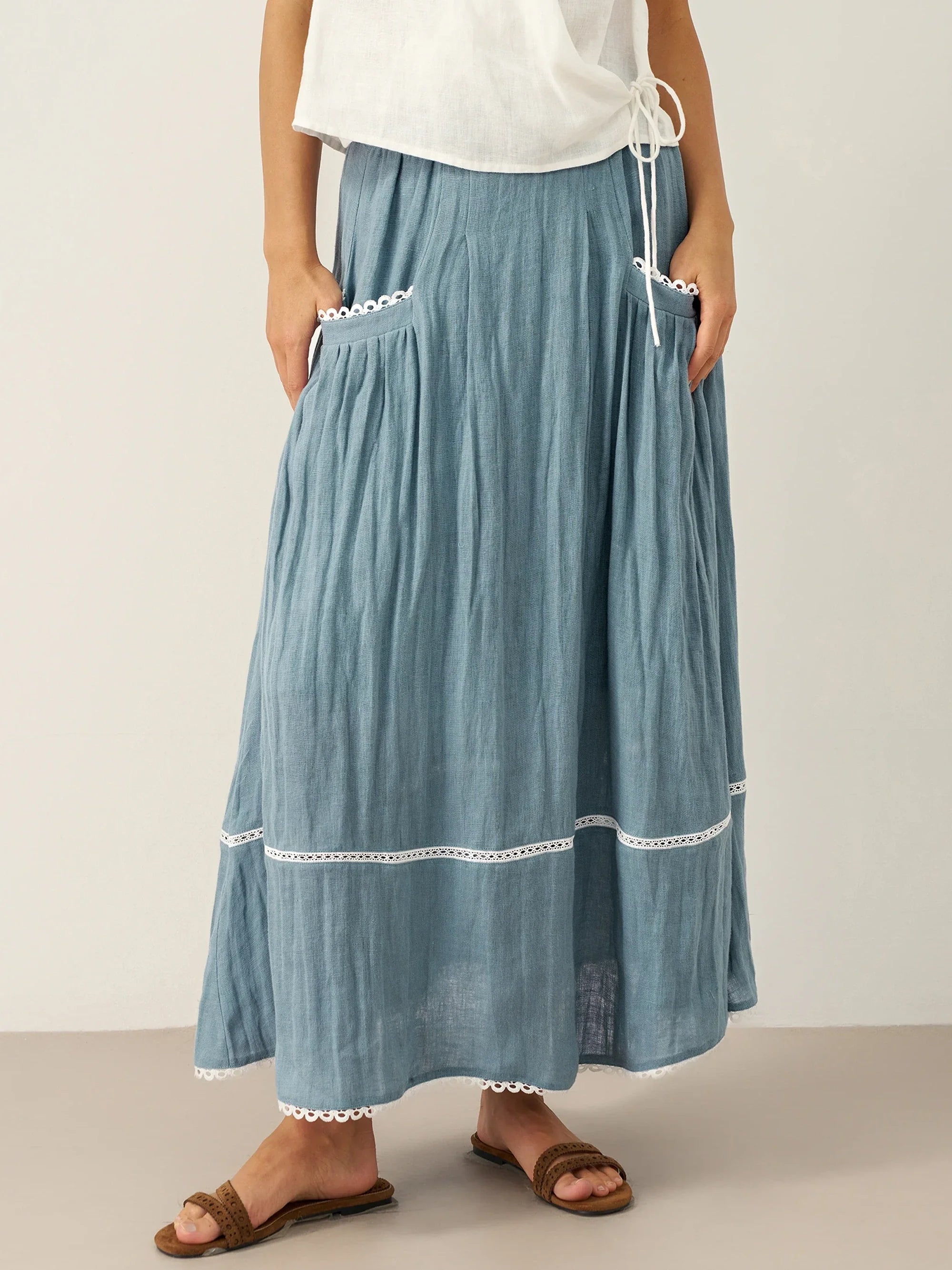 100% Linen Lace-Up Pocket Skirt FENLA by LINTICO