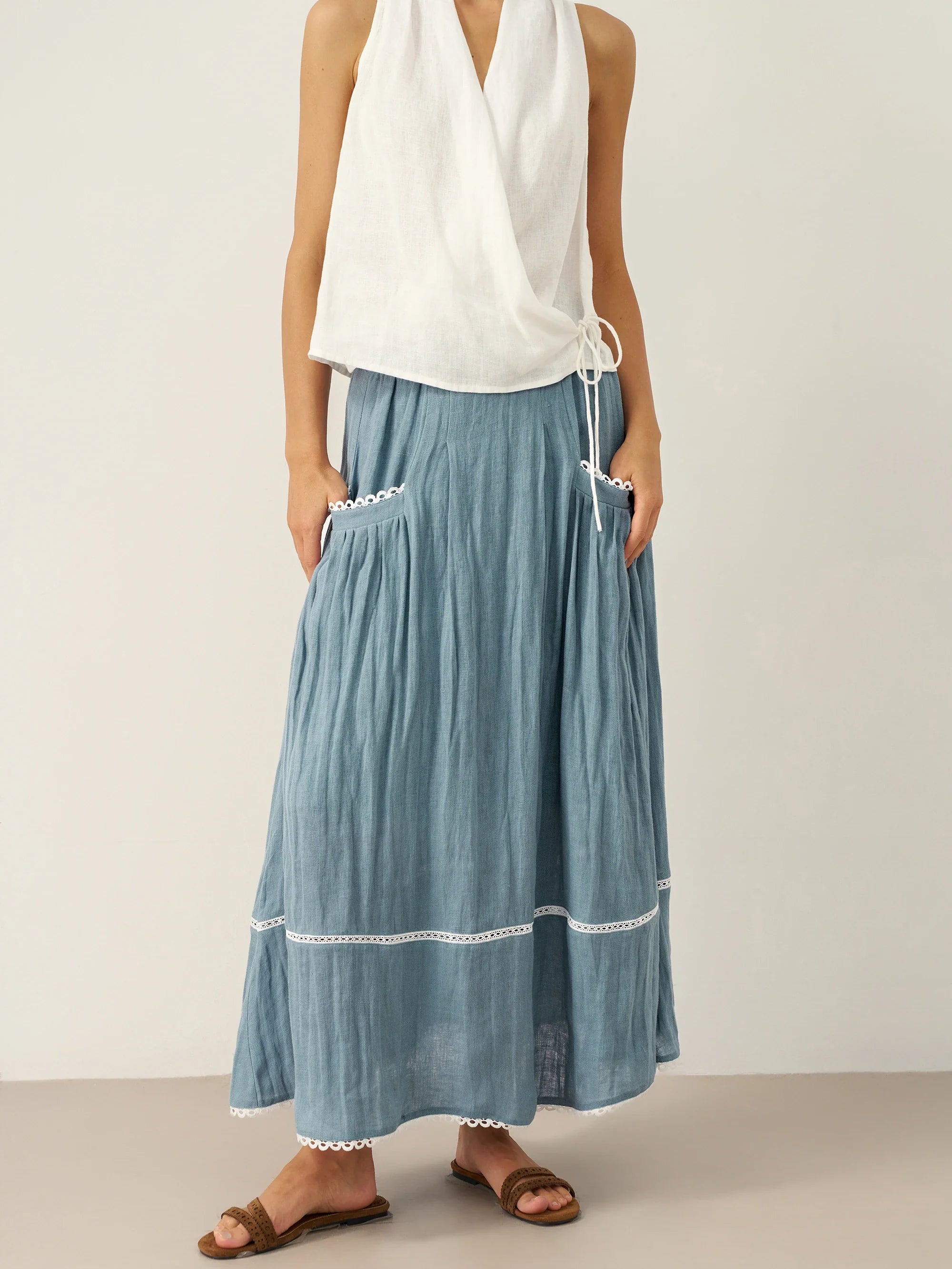 100% Linen Lace-Up Pocket Skirt FENLA by LINTICO