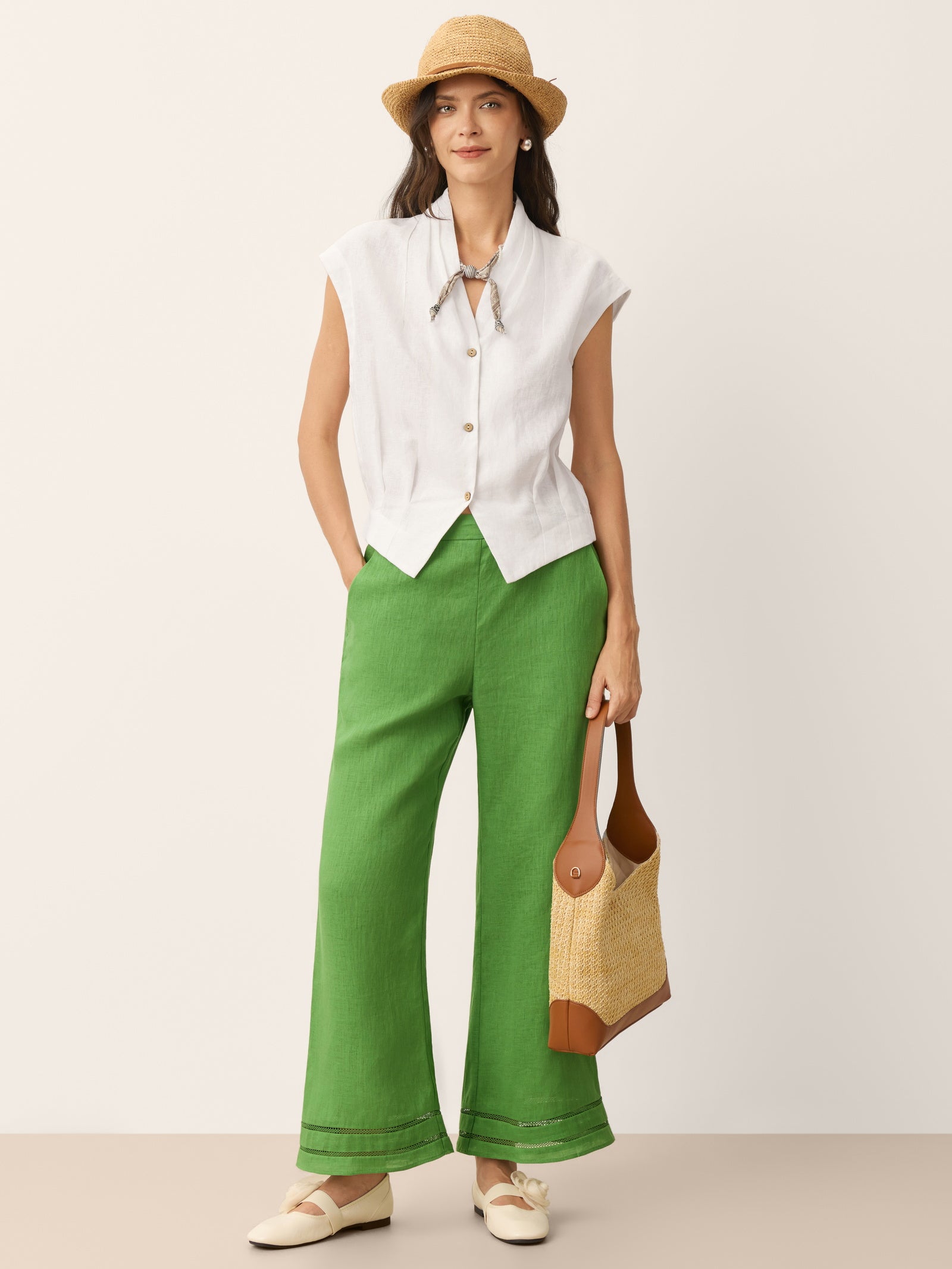 100% Linen Lace Trim Elasticated Waist Cropped Flare Pants NERINA by LINTICO