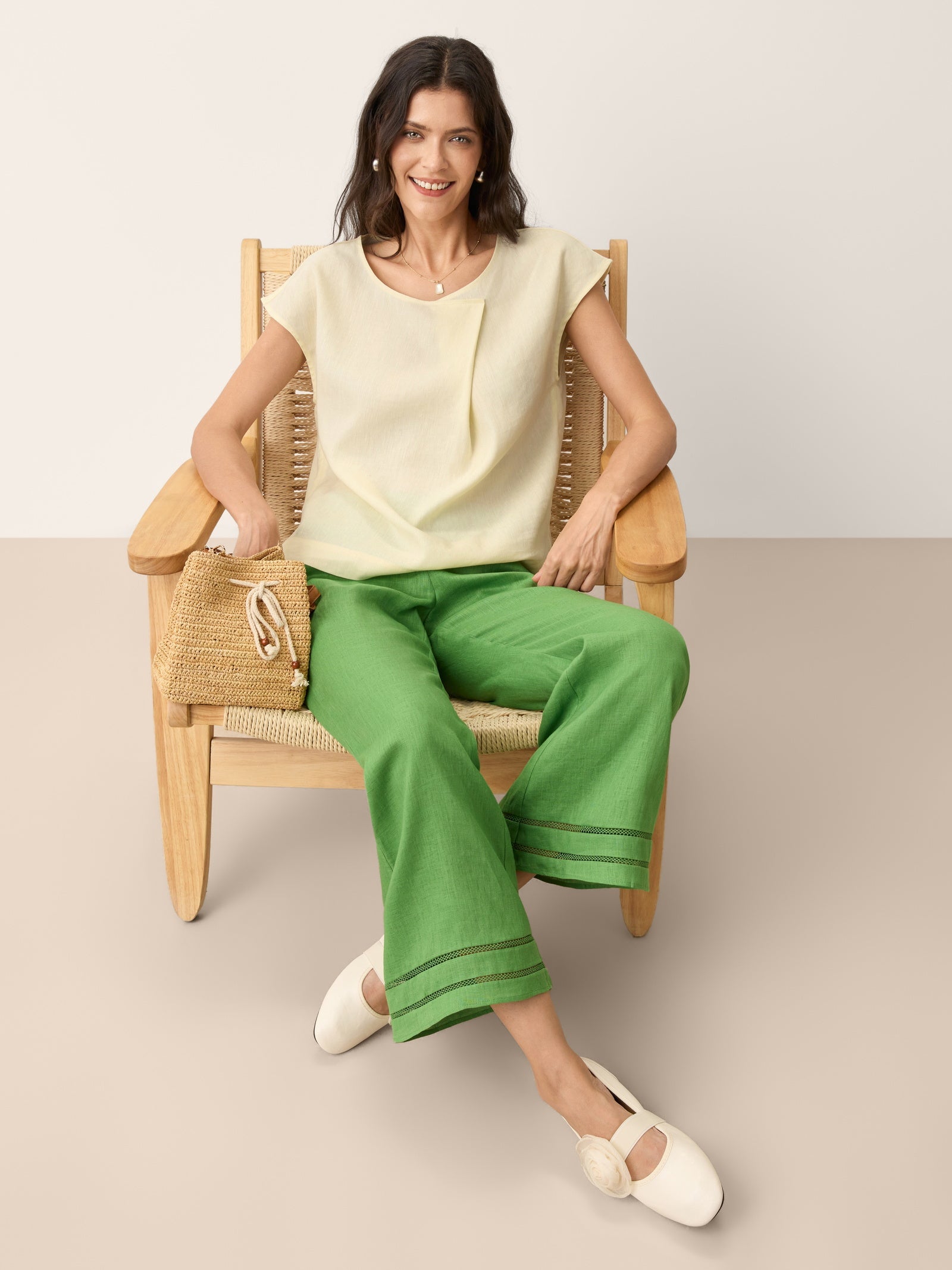 100% Linen Lace Trim Elasticated Waist Cropped Flare Pants NERINA by LINTICO