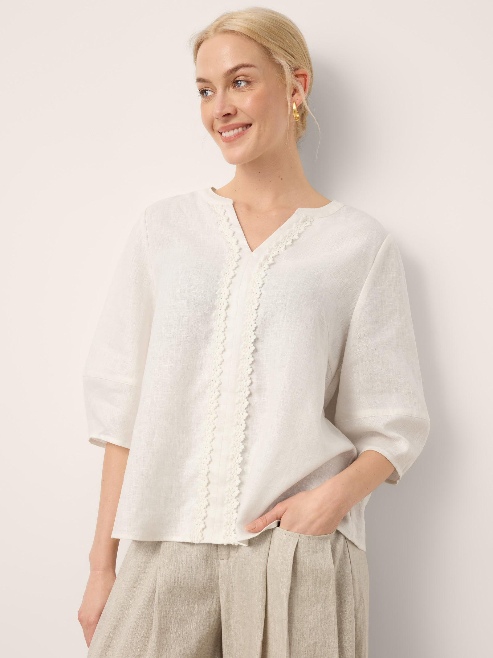 100% Linen Lace Trim Lantern Sleeve V-Neck Top LIVIAN by LINTICO
