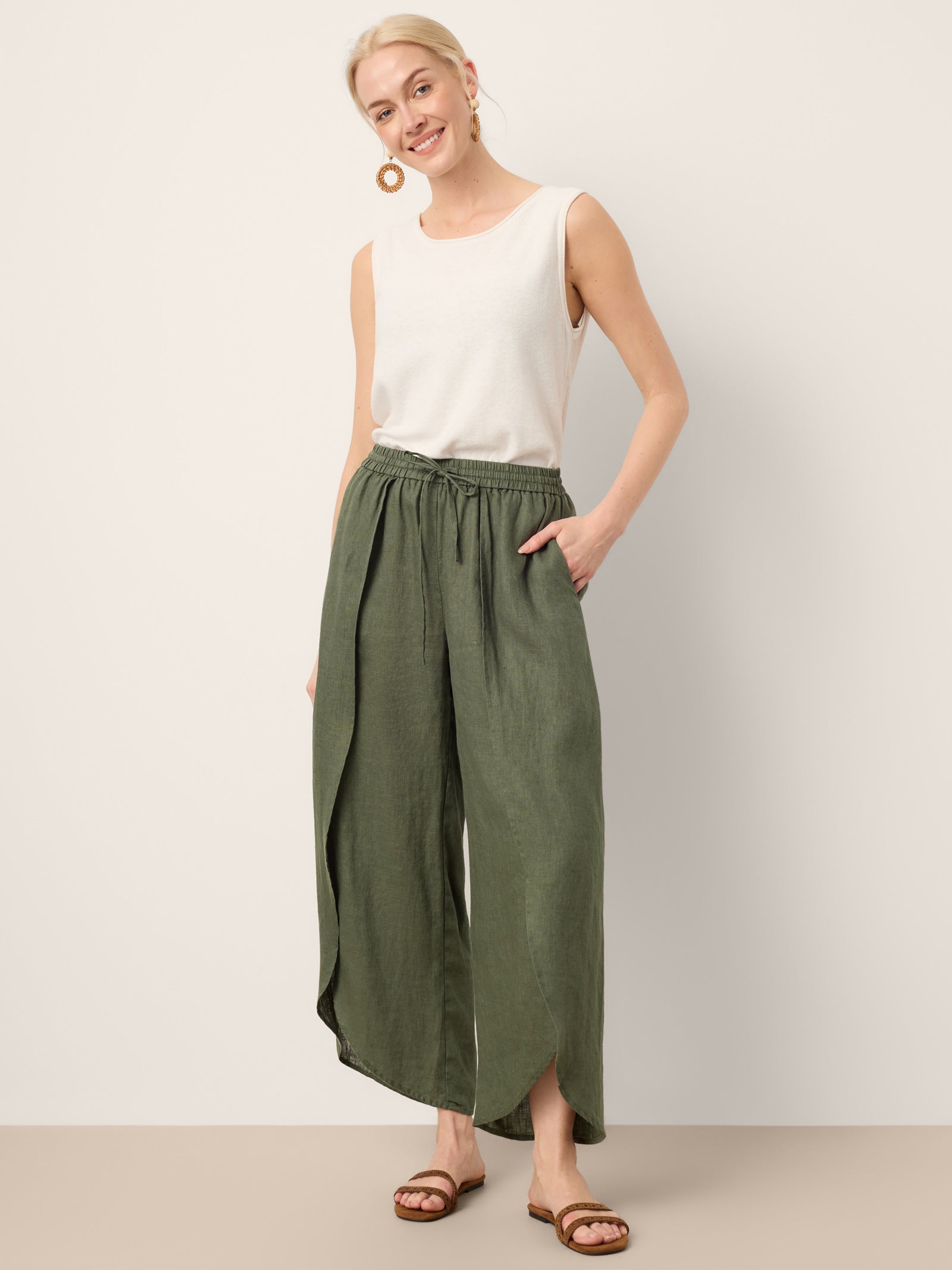 100% Linen Layered Slit Wide-Leg Drawstring Pants PEREGRINE DestGlow