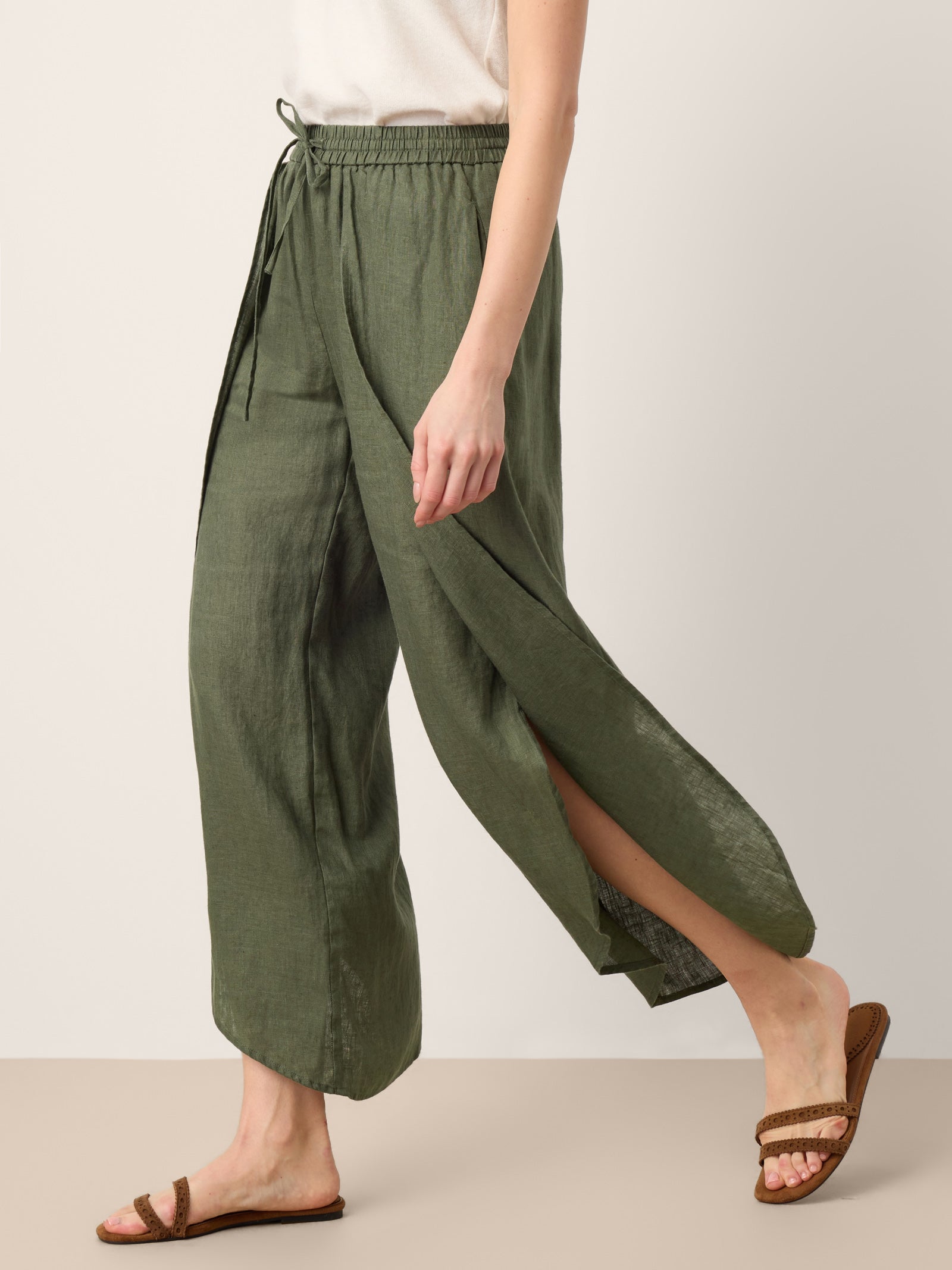 100% Linen Layered Slit Wide-Leg Drawstring Pants PEREGRINE DestGlow