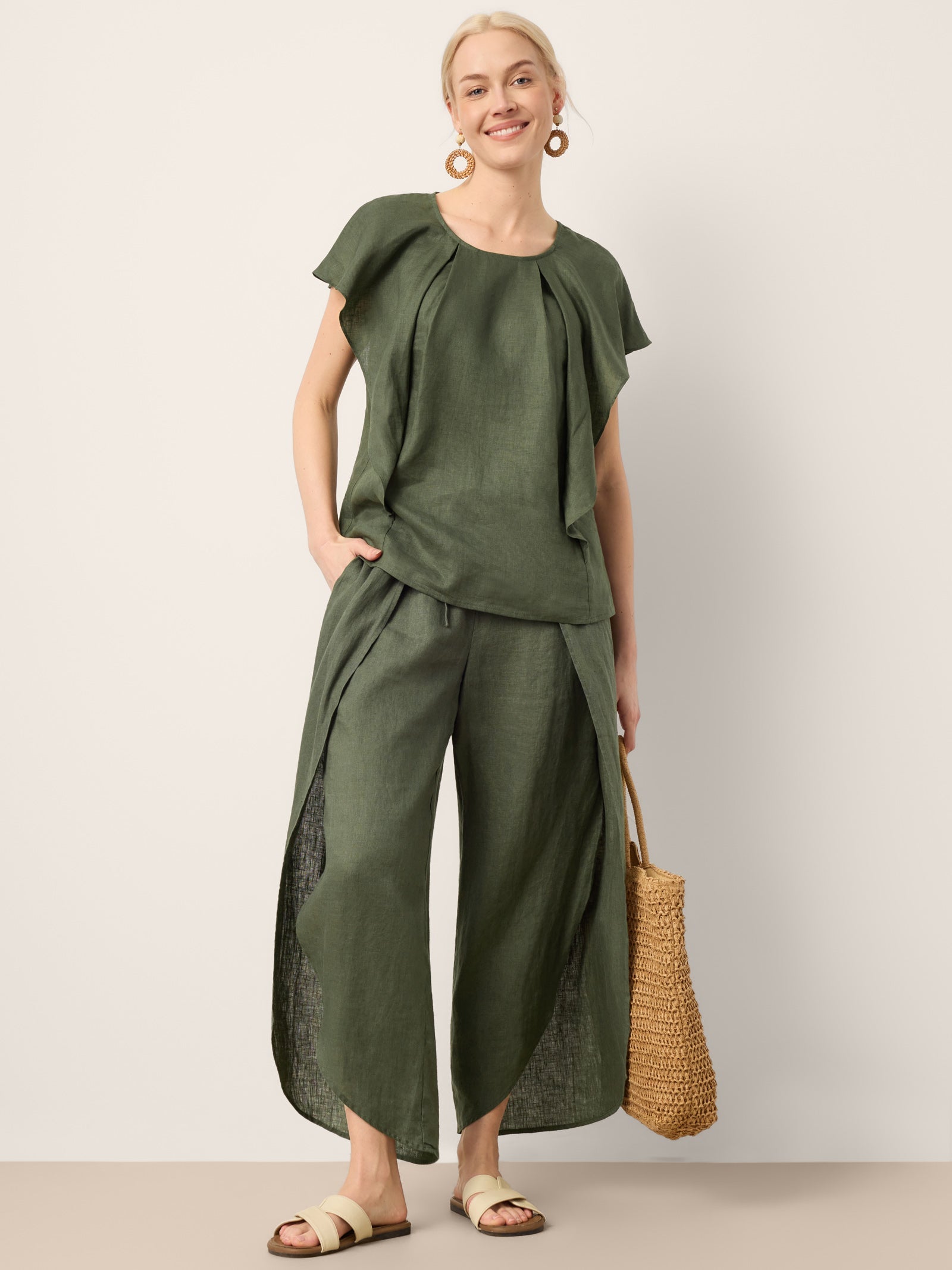 100% Linen Layered Slit Wide-Leg Drawstring Pants PEREGRINE DestGlow