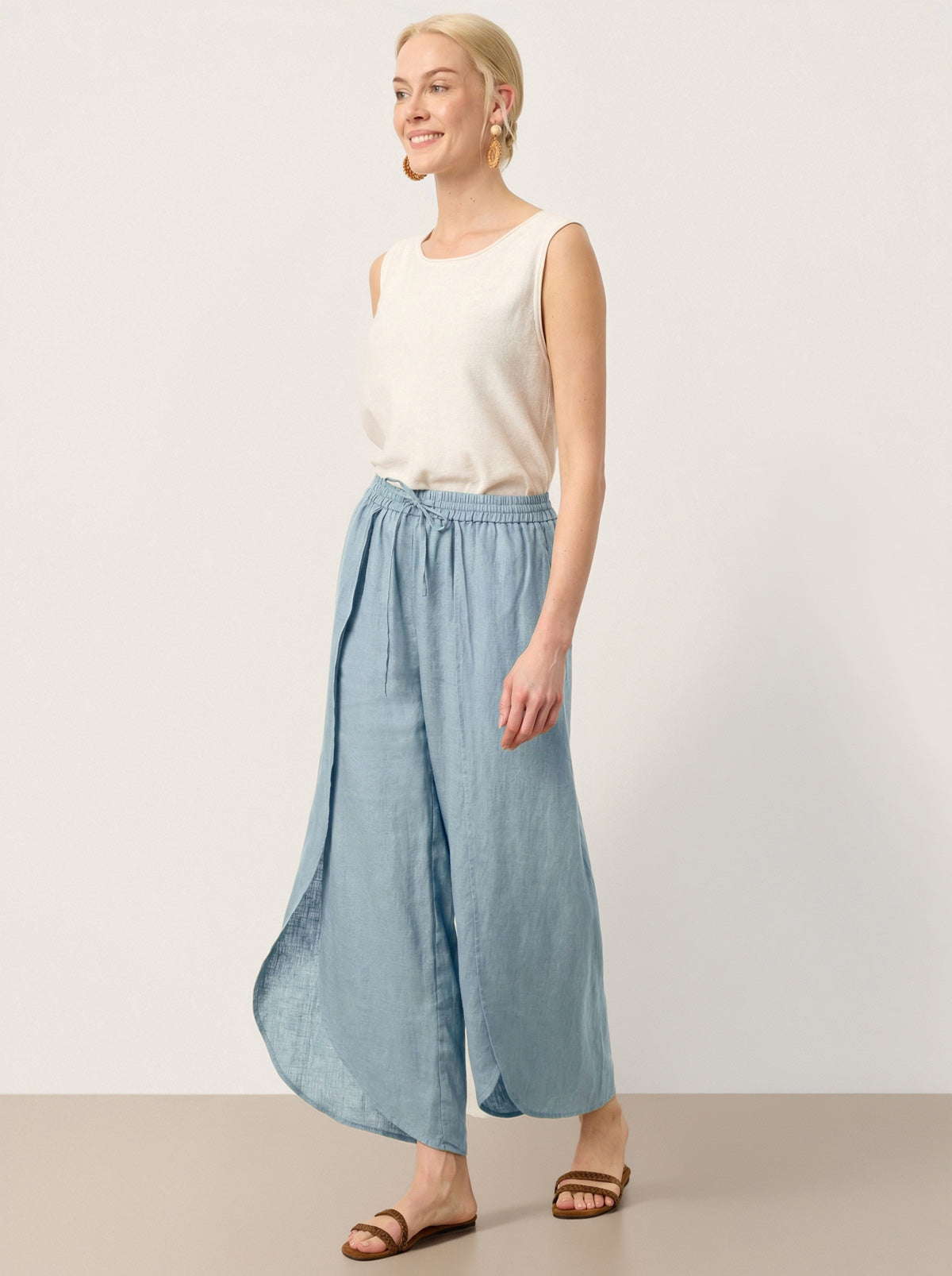 100% Linen Layered Slit Wide-Leg Drawstring Pants PEREGRINE DestGlow