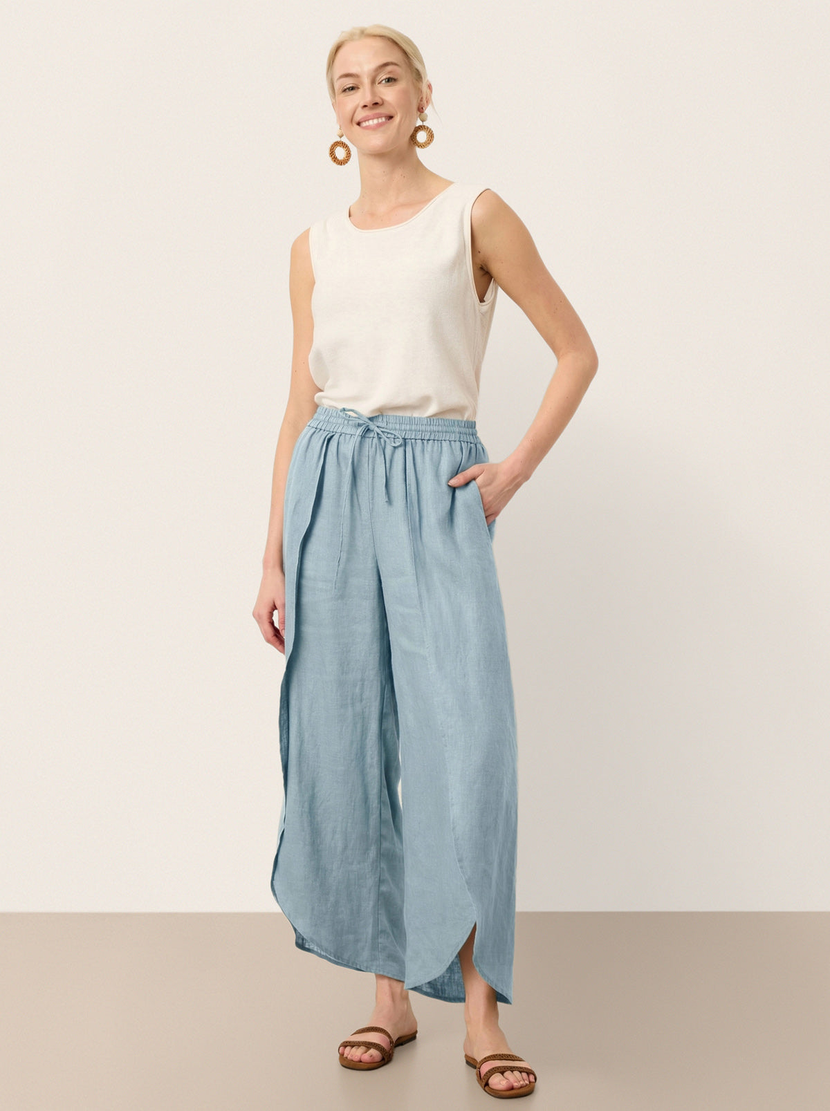 100% Linen Layered Slit Wide-Leg Drawstring Pants PEREGRINE DestGlow