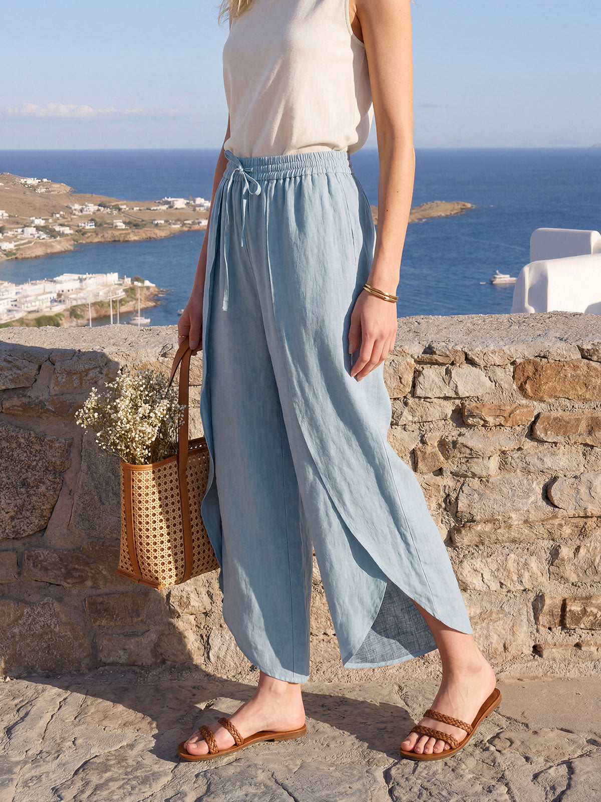100% Linen Layered Slit Wide-Leg Drawstring Pants PEREGRINE DestGlow