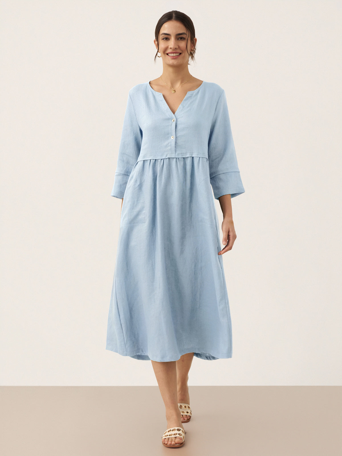 100% Linen Loose Fit Button Waist Gathered Midi Dress LUNA DestGlow