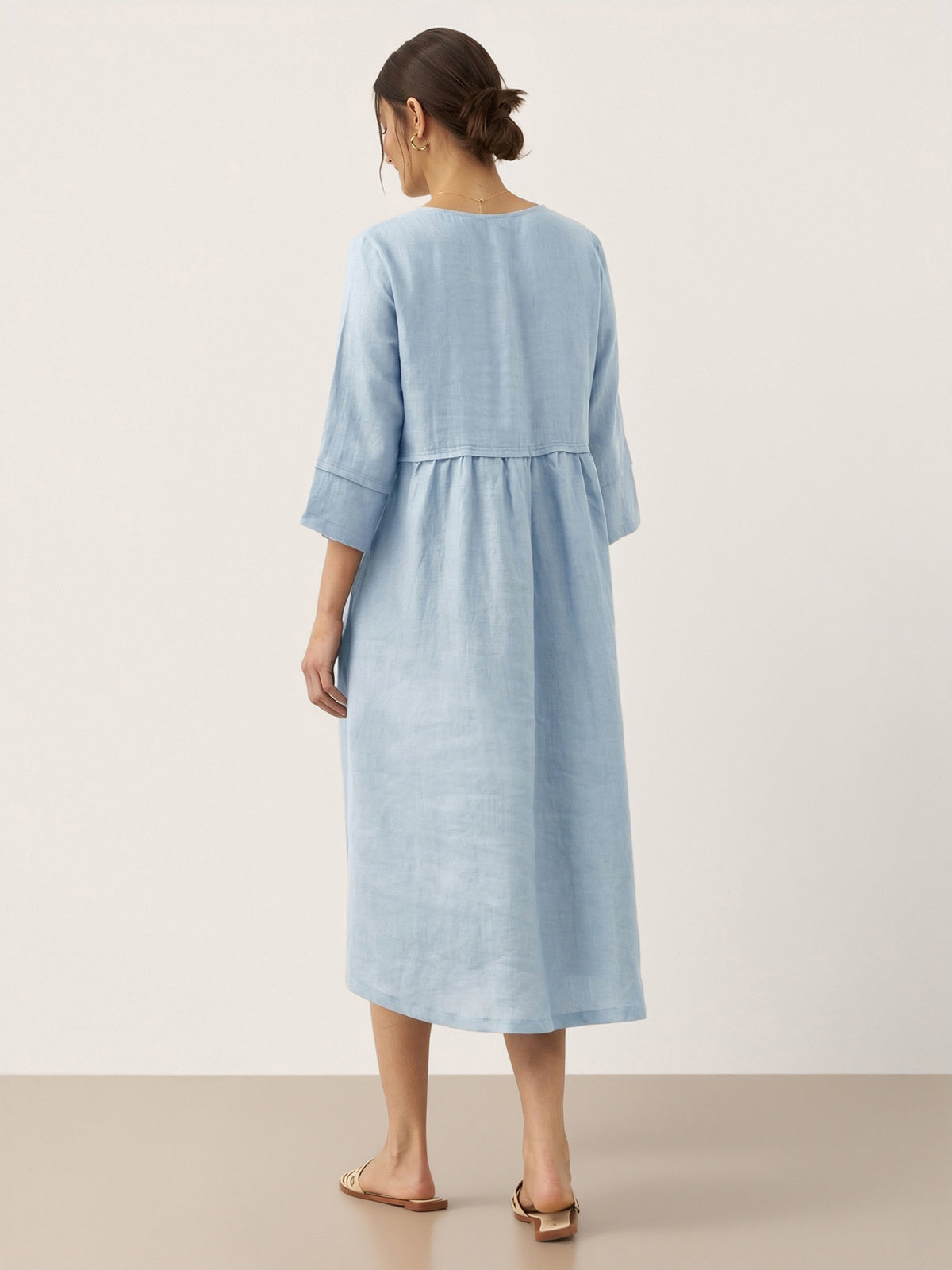 100% Linen Loose Fit Button Waist Gathered Midi Dress LUNA DestGlow
