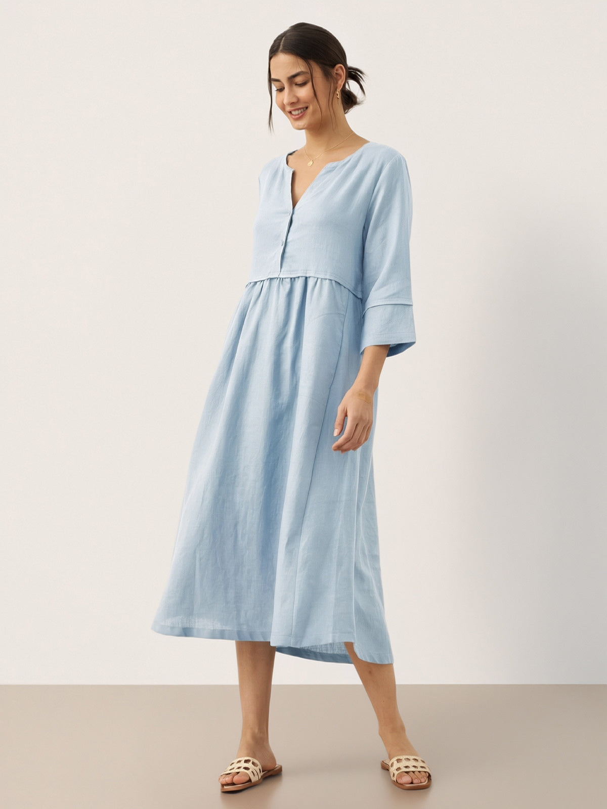 100% Linen Loose Fit Button Waist Gathered Midi Dress LUNA DestGlow