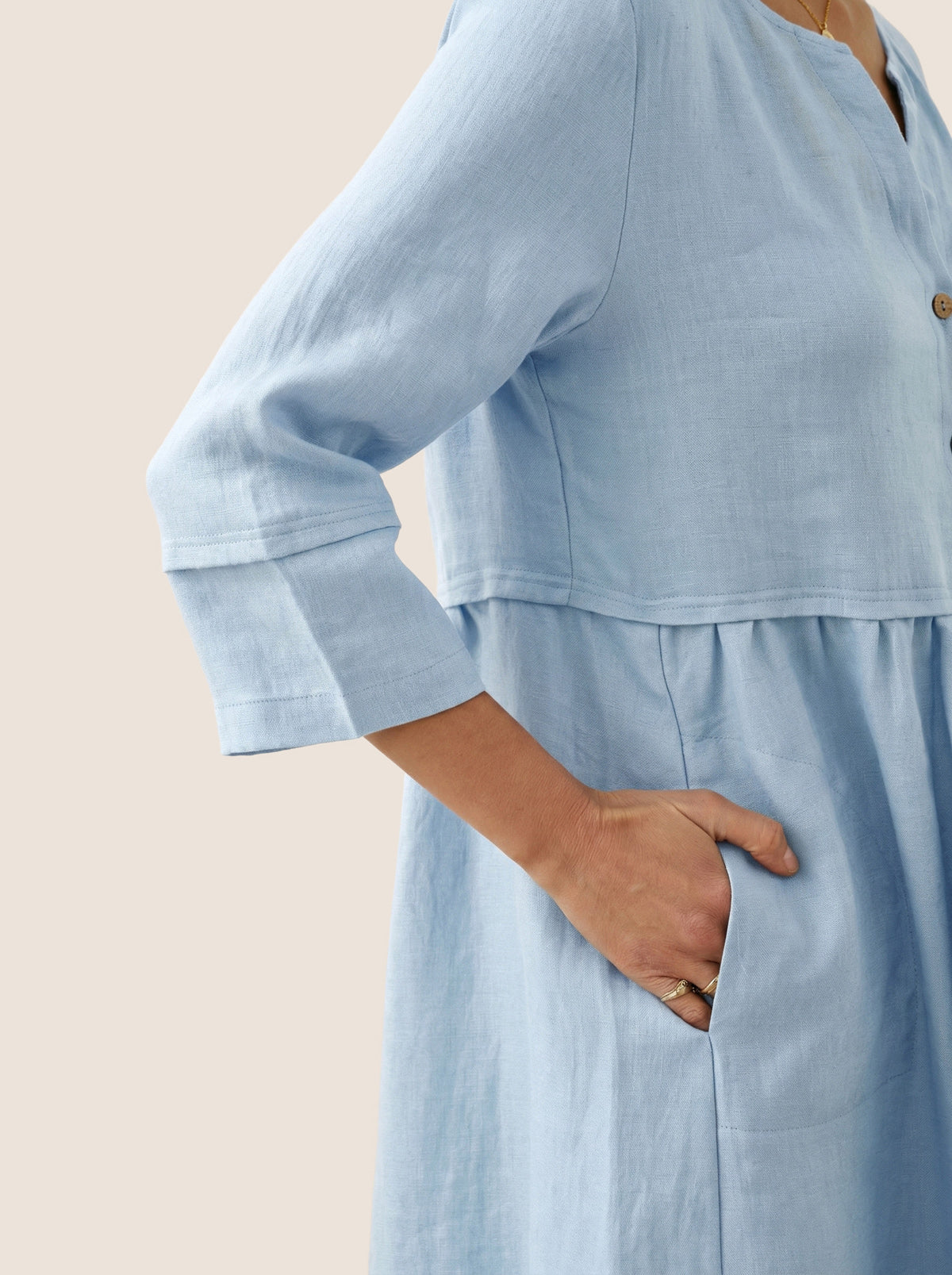 100% Linen Loose Fit Button Waist Gathered Midi Dress LUNA DestGlow