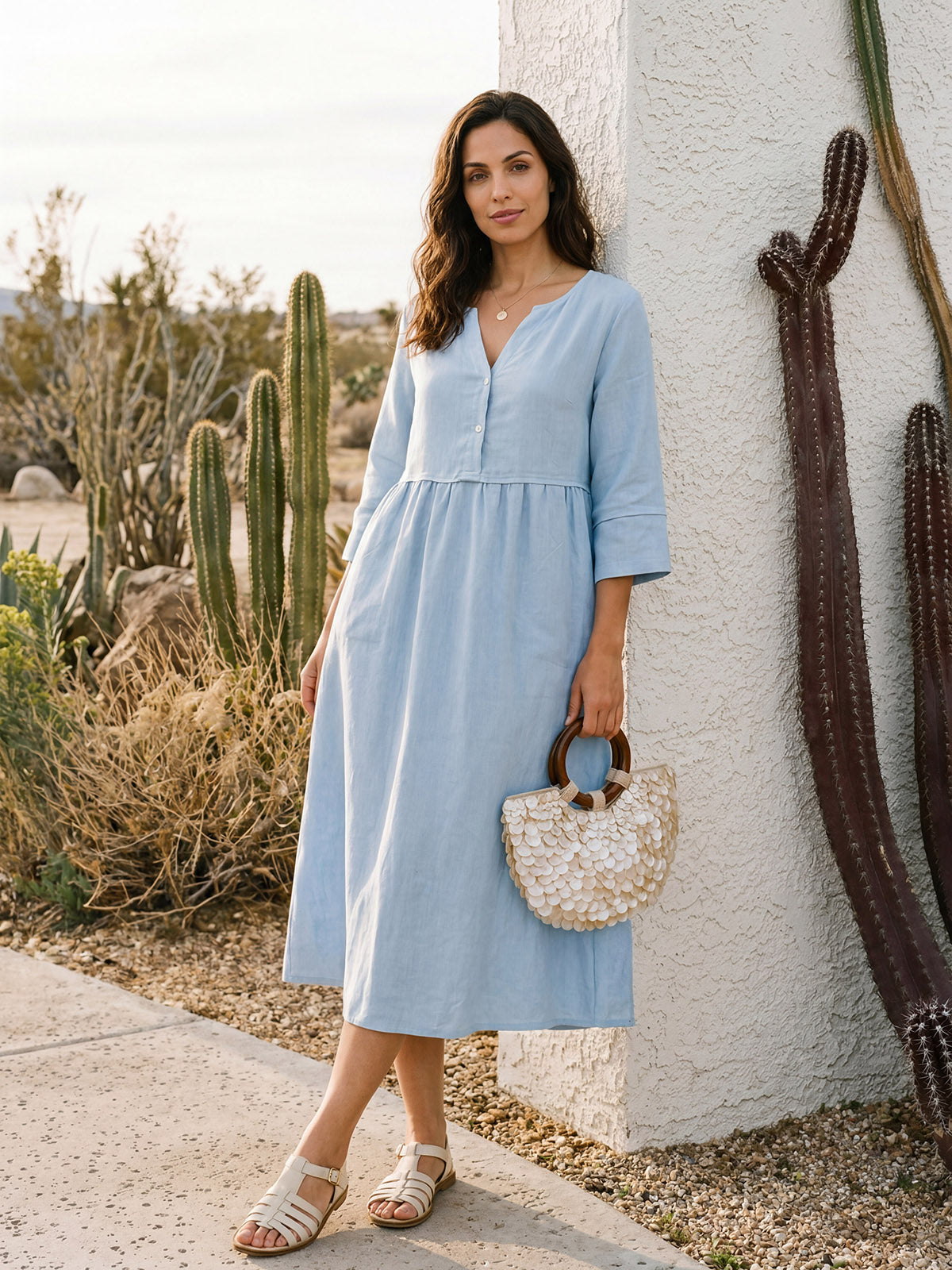 100% Linen Loose Fit Button Waist Gathered Midi Dress LUNA DestGlow