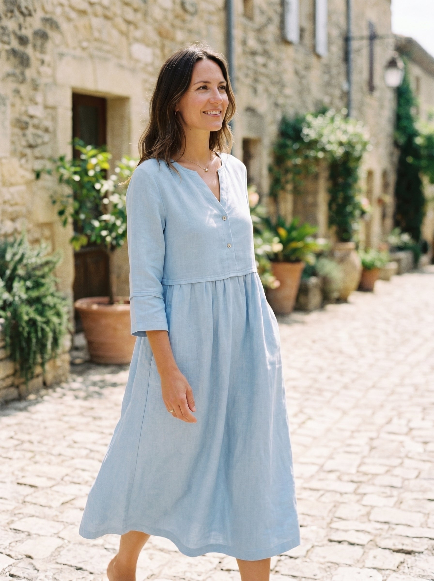 100% Linen Loose Fit Button Waist Gathered Midi Dress LUNA DestGlow